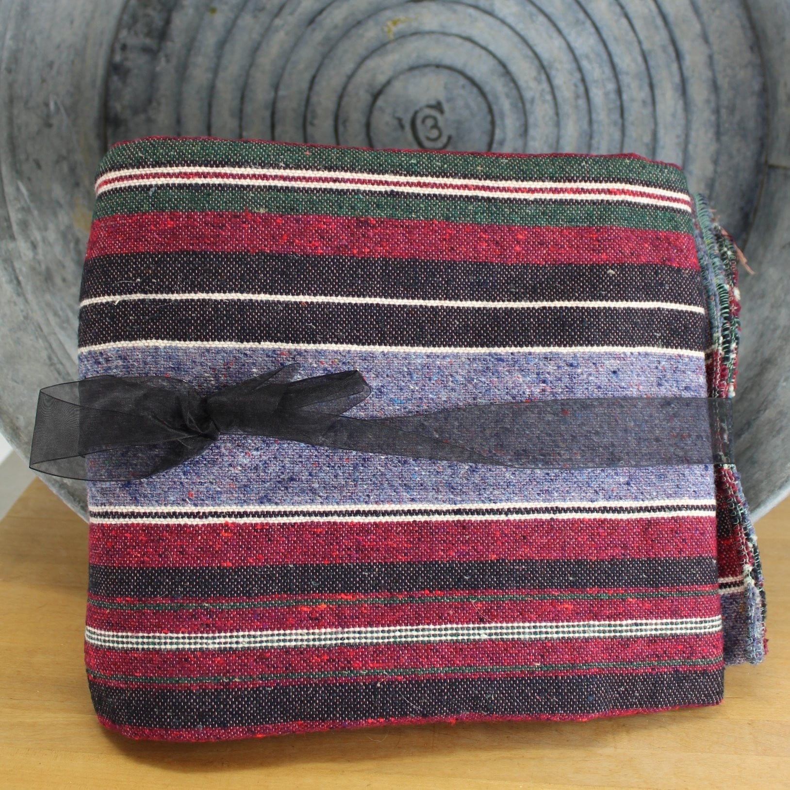Vintage Unbranded Blanket Travel Rug - Loomed Cotton Blend Blues Purples Stripes - 80" X 58" Decor OOAK handsome wool blend likely ethnic piece from weaver traveler in Middle East