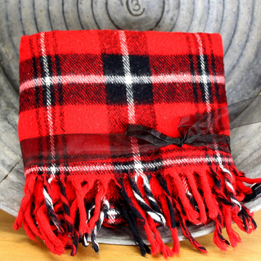 Vintage Faribo bright red, black, white plaid. 53" X 40" USA Good condition ready for use