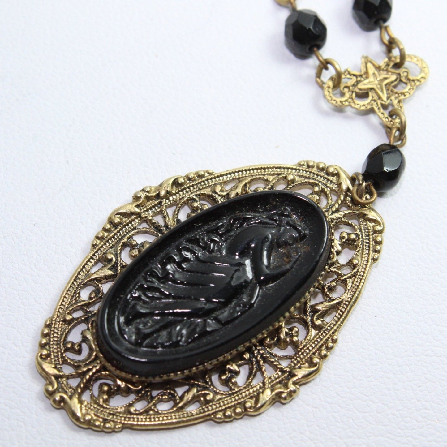 1928 Gold Tone Pendant Necklace - Reproduction Filigree Victorian Woman - 16" - Olde Kitchen & Home