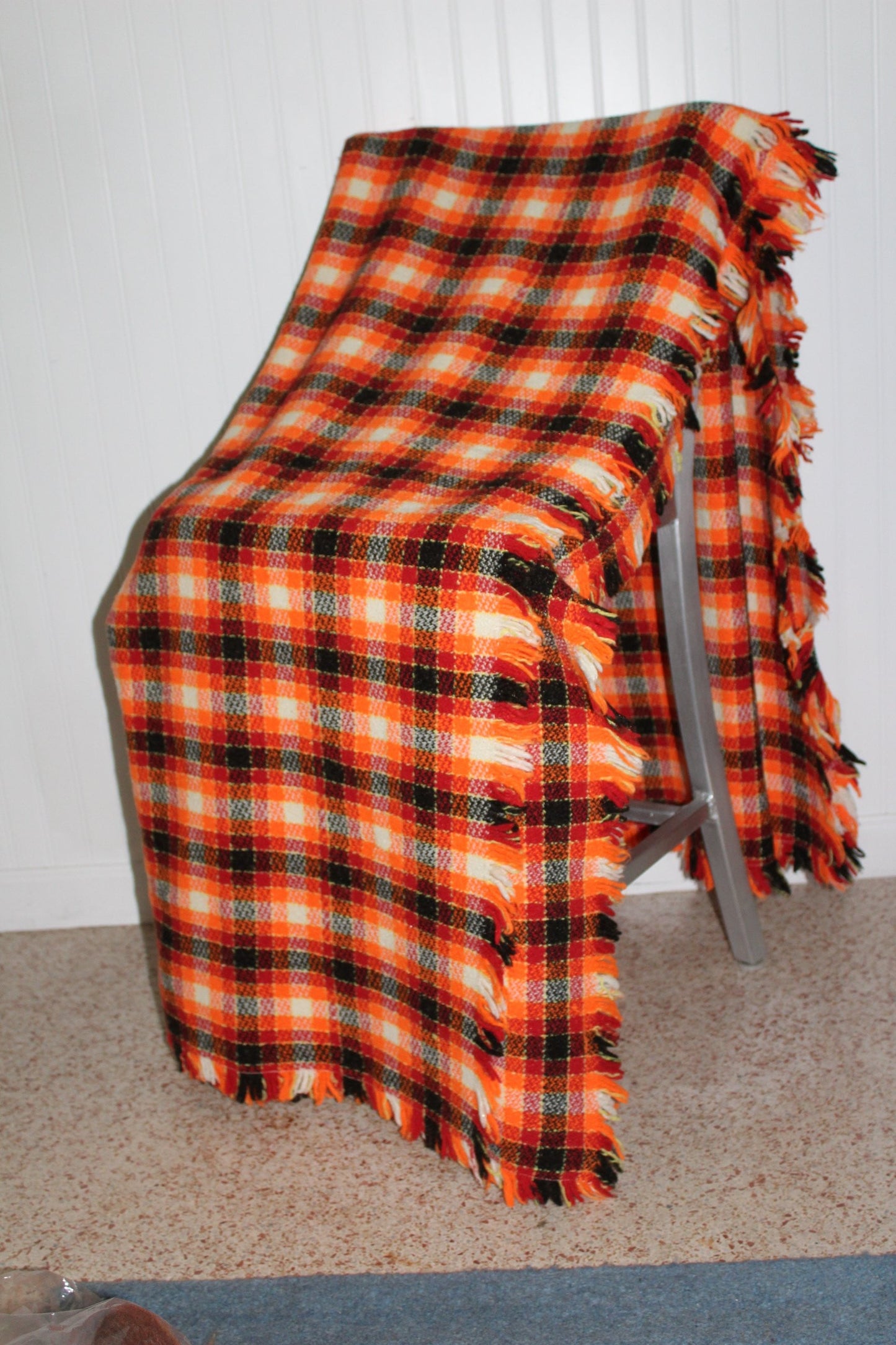 Unbranded Heavy blend Blanket Bedspread 4 Sides Fringe Orange Yellow Black Plaid 76" X 74" used