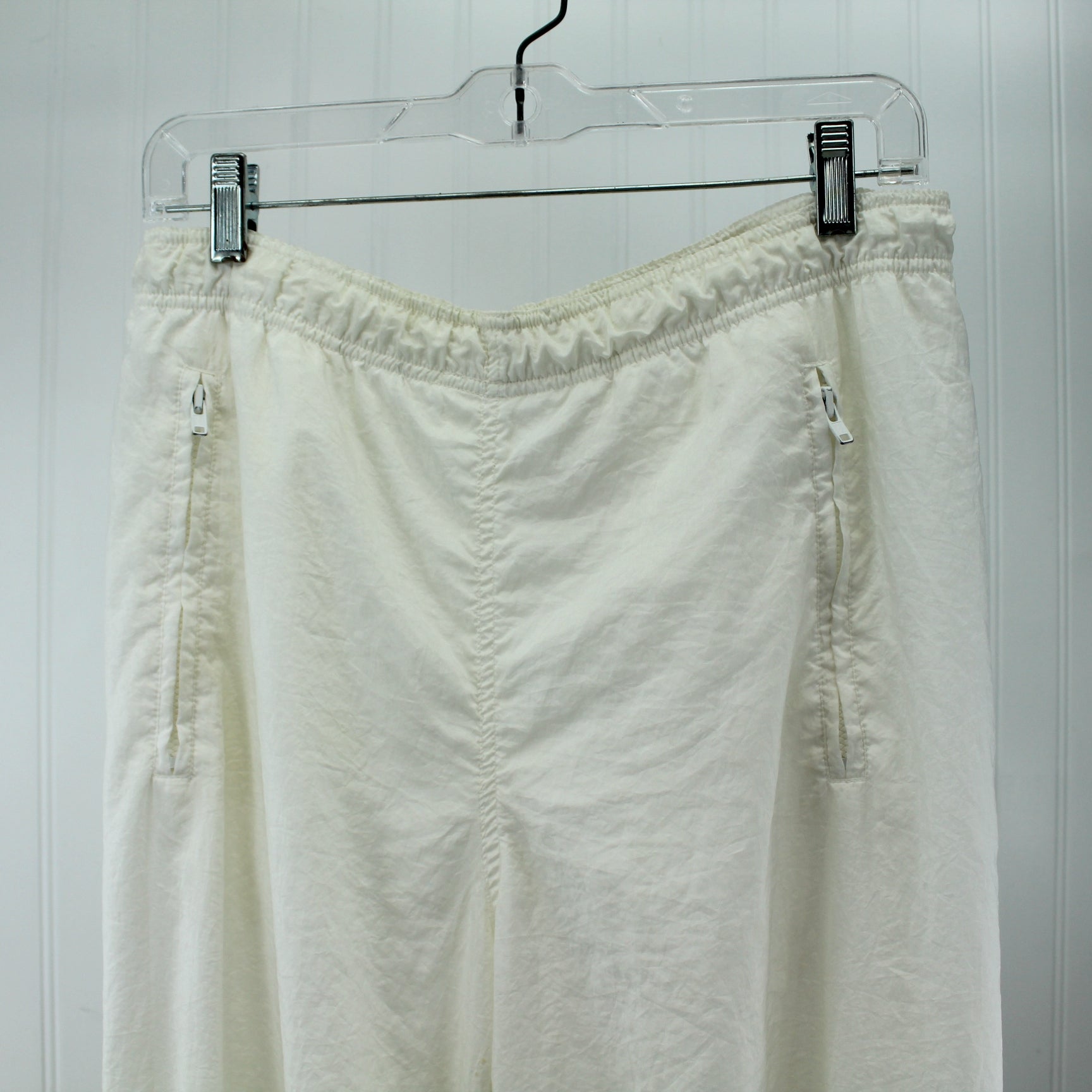 Dotdogger White Nylon Windbreaker Pants Fully Lined  2 Zip Pockets Size M elastic waist and ankle