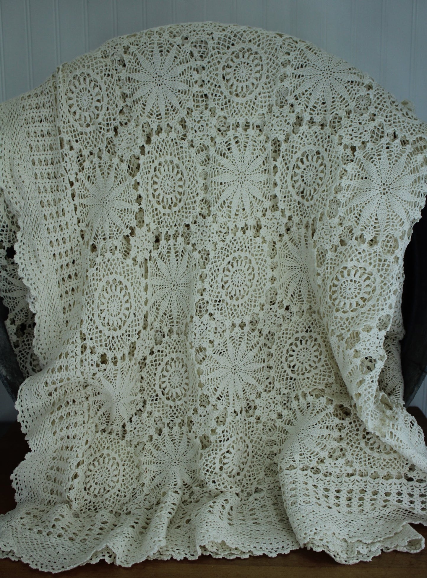 Cotton Lace Bed Coverlet or Tablecloth - Variety Crochet Medallions ~ 85" X 108" vintage
