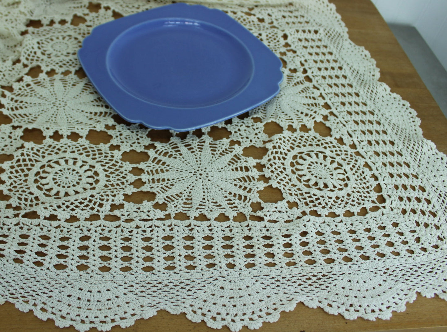 Cotton Lace Bed Coverlet or Tablecloth - Variety Crochet Medallions ~ 85" X 108" holiday table decor