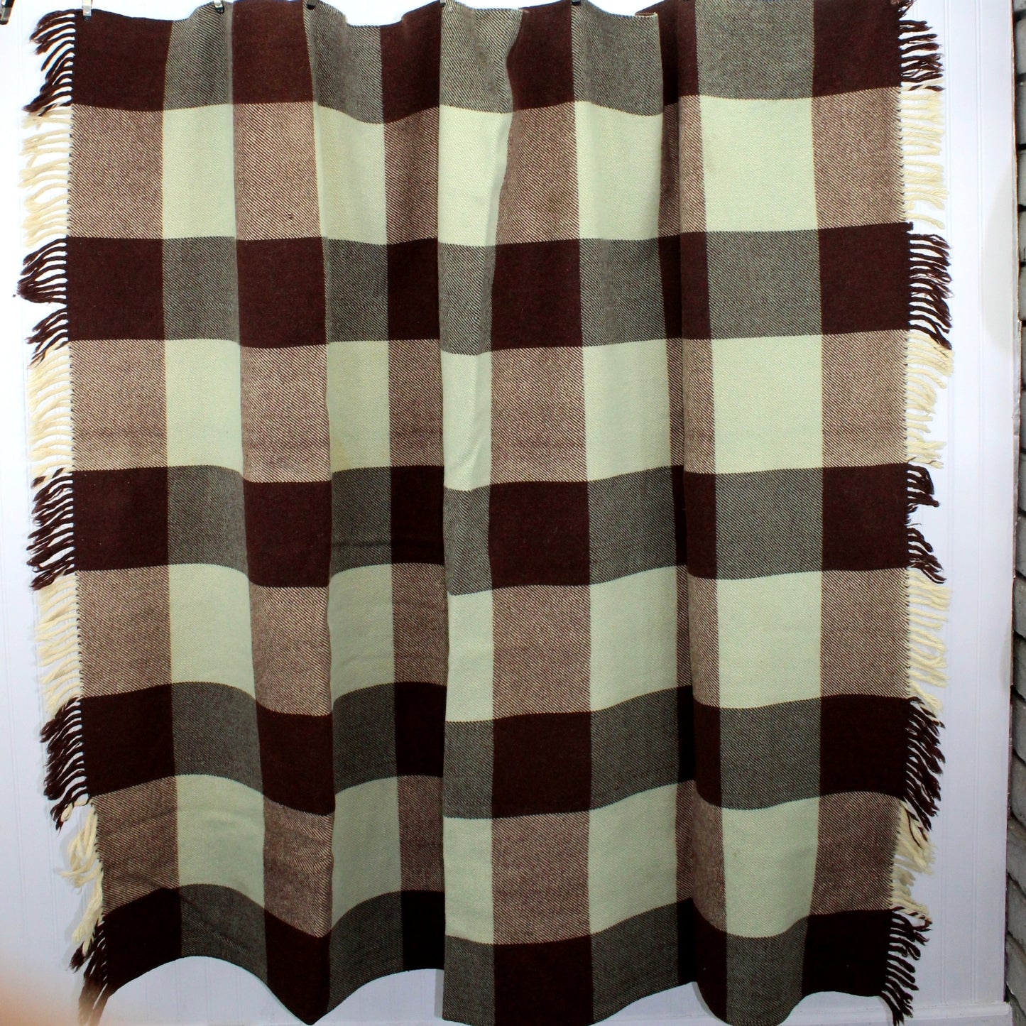Rare Older Wool Big Check Throw Blanket Brown Seafoam Flying Carpet Label MAP total photo hanging blanket