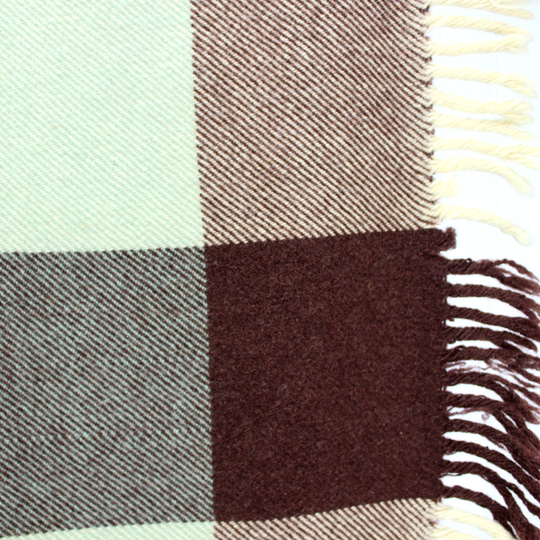 Rare Older Wool Big Check Throw Blanket Brown Seafoam Flying Carpet Label MAP closeup of fabric