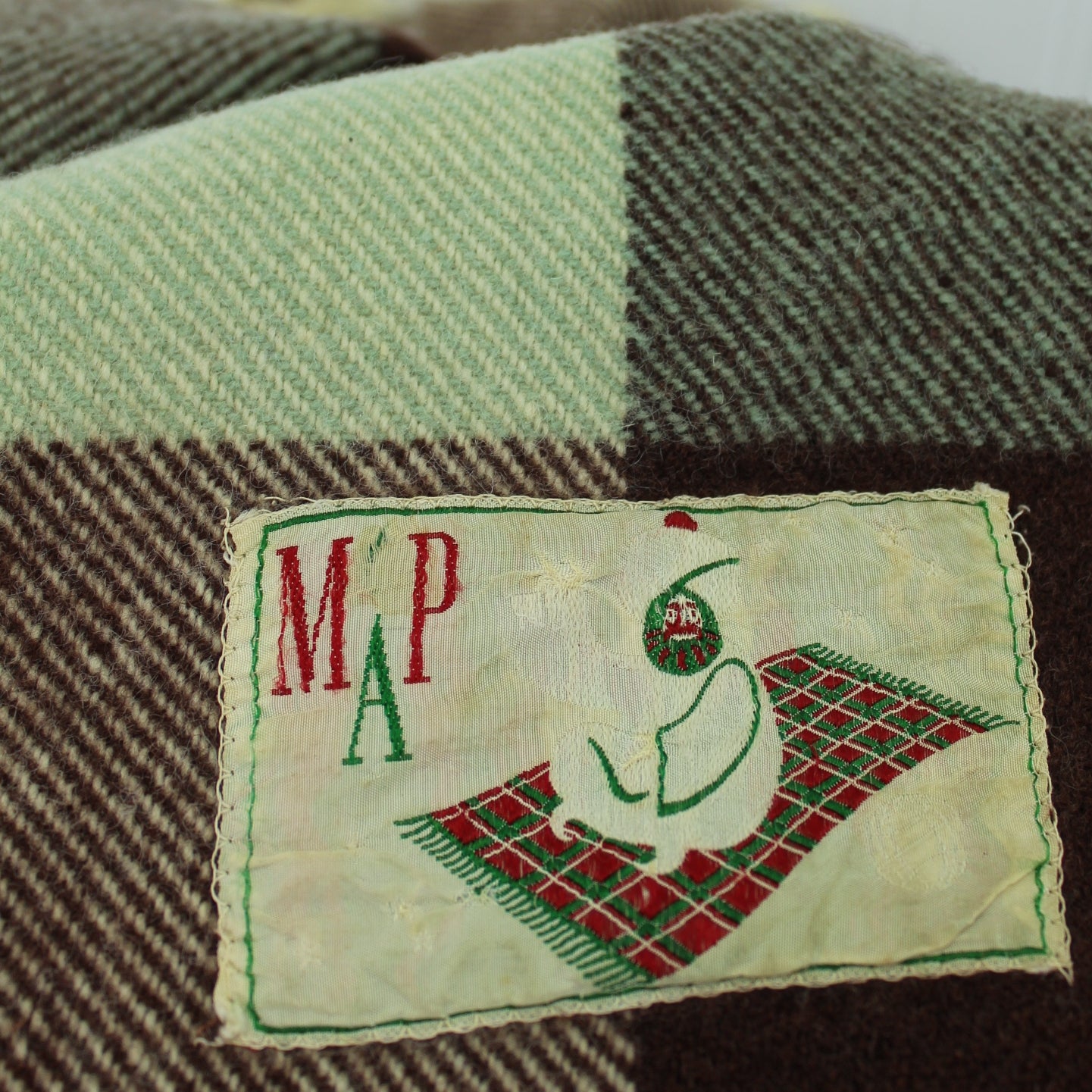 Rare Older Wool Big Check Throw Blanket Brown Seafoam Flying Carpet Label MAP original logo maker label