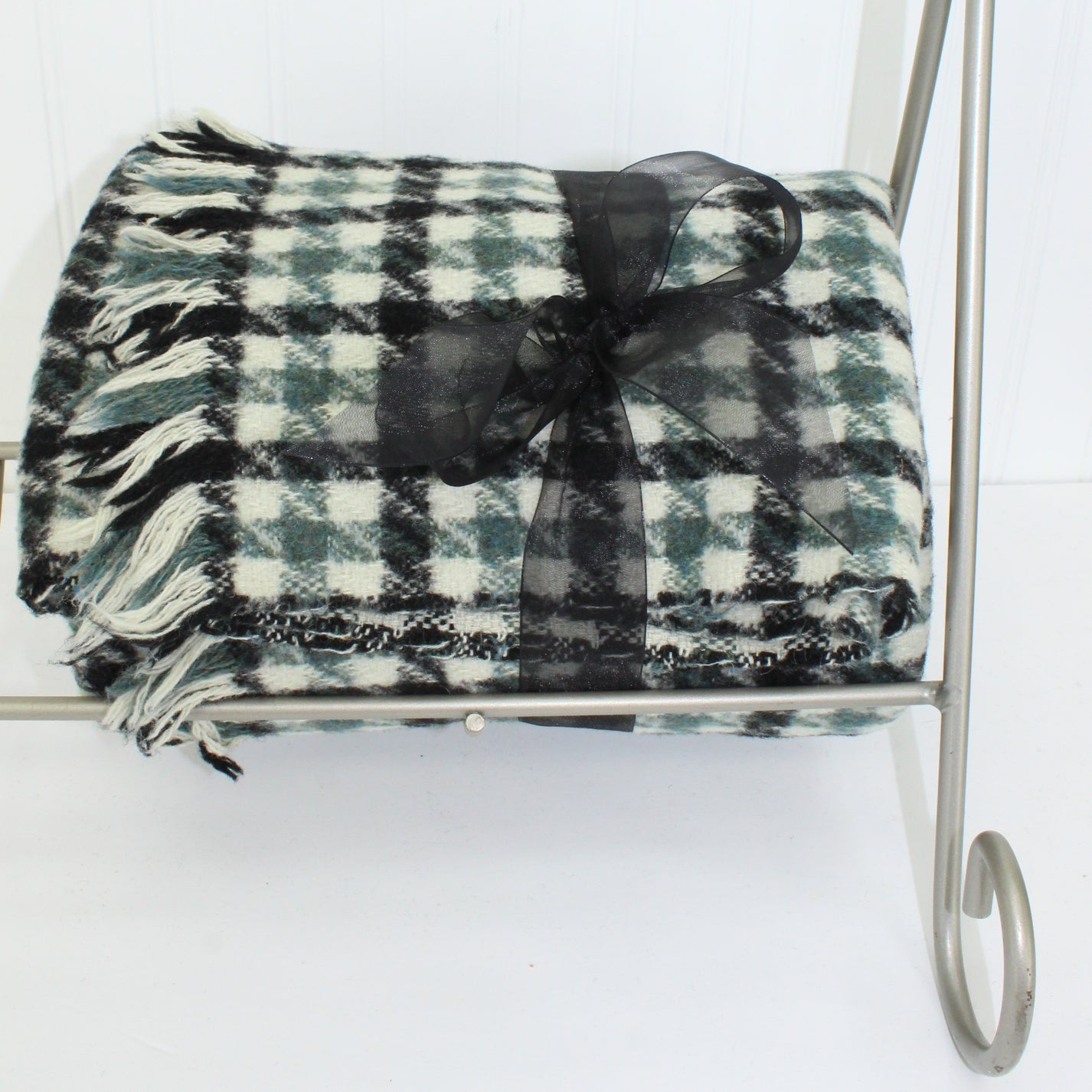 Rare Dewey's of Vermont Soft Wool Throw Handsome Teal & Black Plaid Vintage Pre 1972 collectible