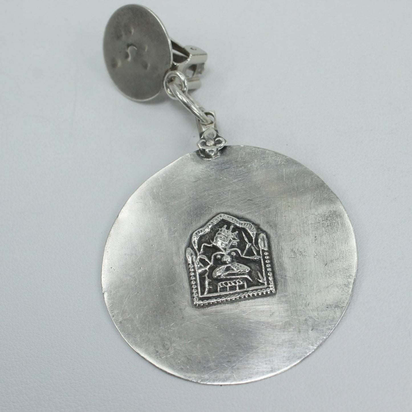 Lovely Silver Earrings Hindu Deity Large Medallion Dangle Clip Finding large