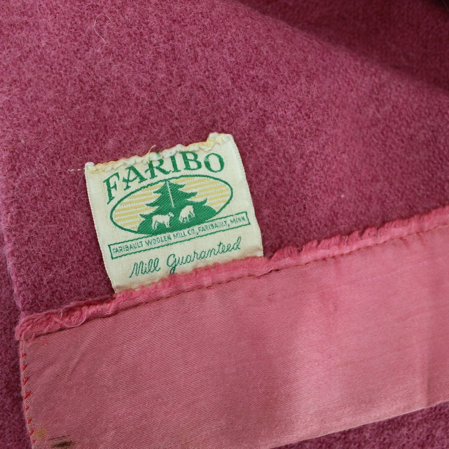 Faribo Wool Blanket Vintage Mid Century Rose with Satin Binding - 69" X 86" original old ribbon label pine tree sheep