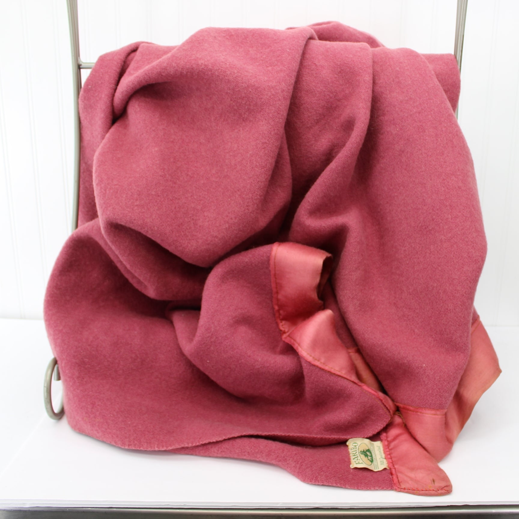 Faribo Wool Blanket Vintage Mid Century Rose with Satin Binding - 69" X 86"