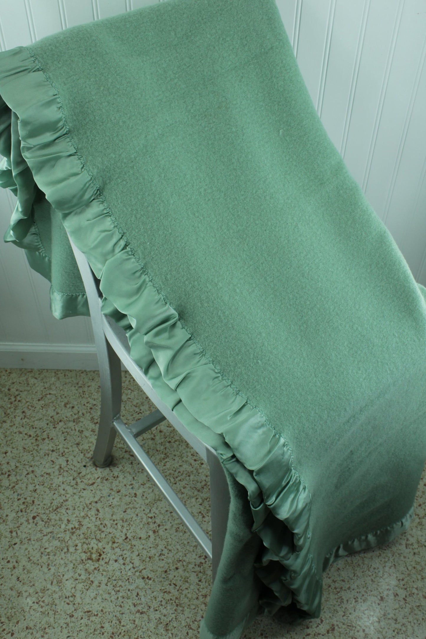COMING HOME Wool Blanket Washable Green Wide Satin Binding sage