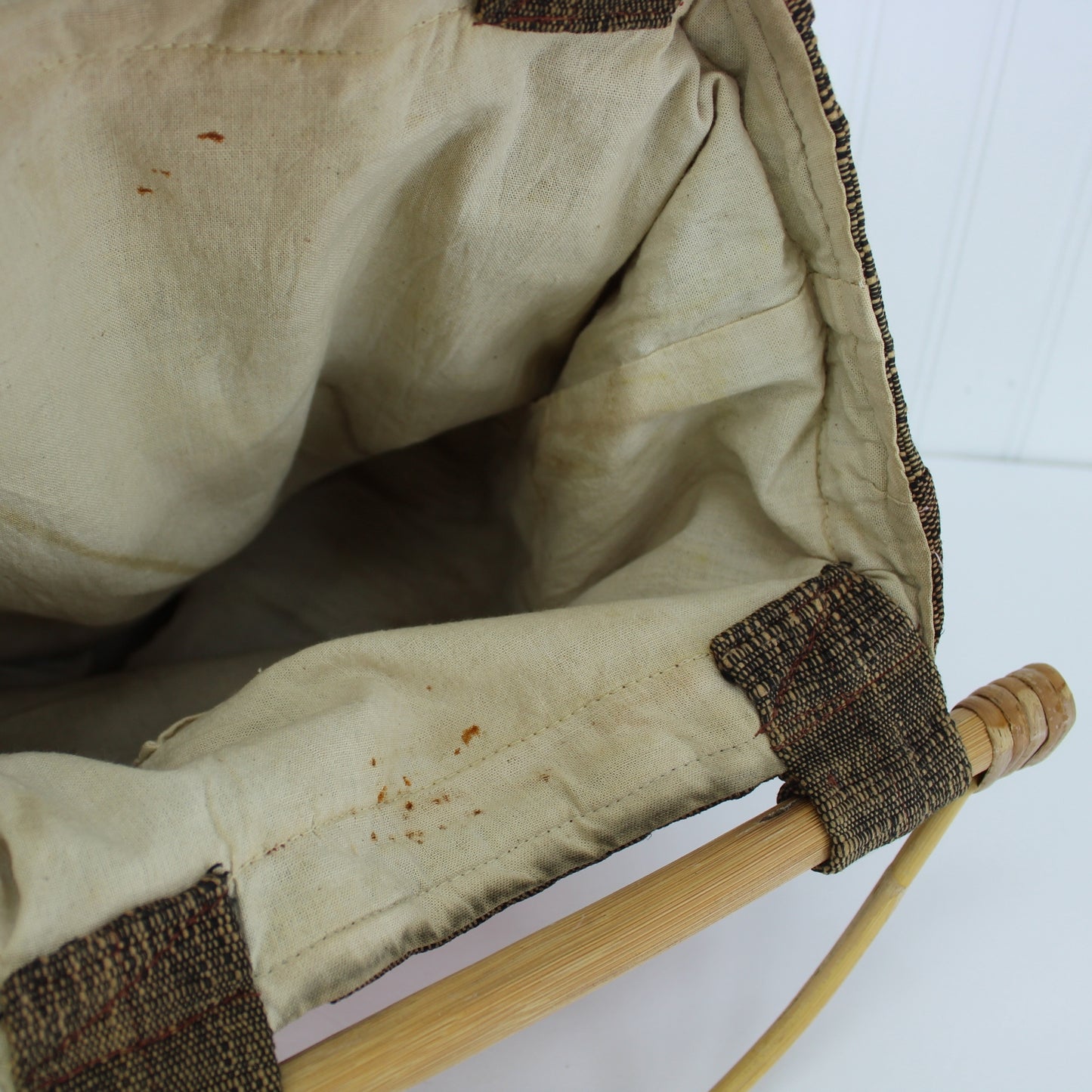 Hand Made Old Tote Granny Bag Craft Travel Bag Heavy Woven Fiber Muslin Lining Bamboo Handles some stains in lining