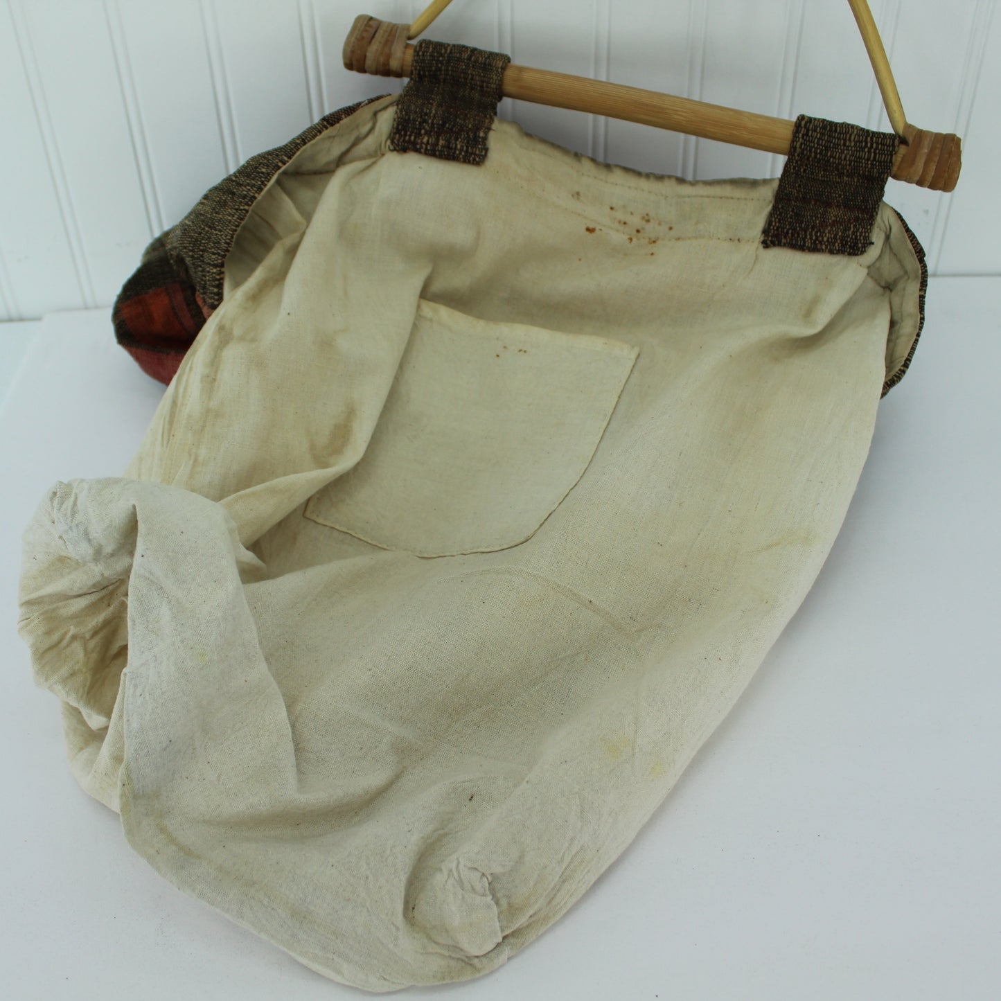 Hand Made Old Tote Granny Bag Craft Travel Bag Heavy Woven Fiber Muslin Lining Bamboo Handles orange brown hevy cotton