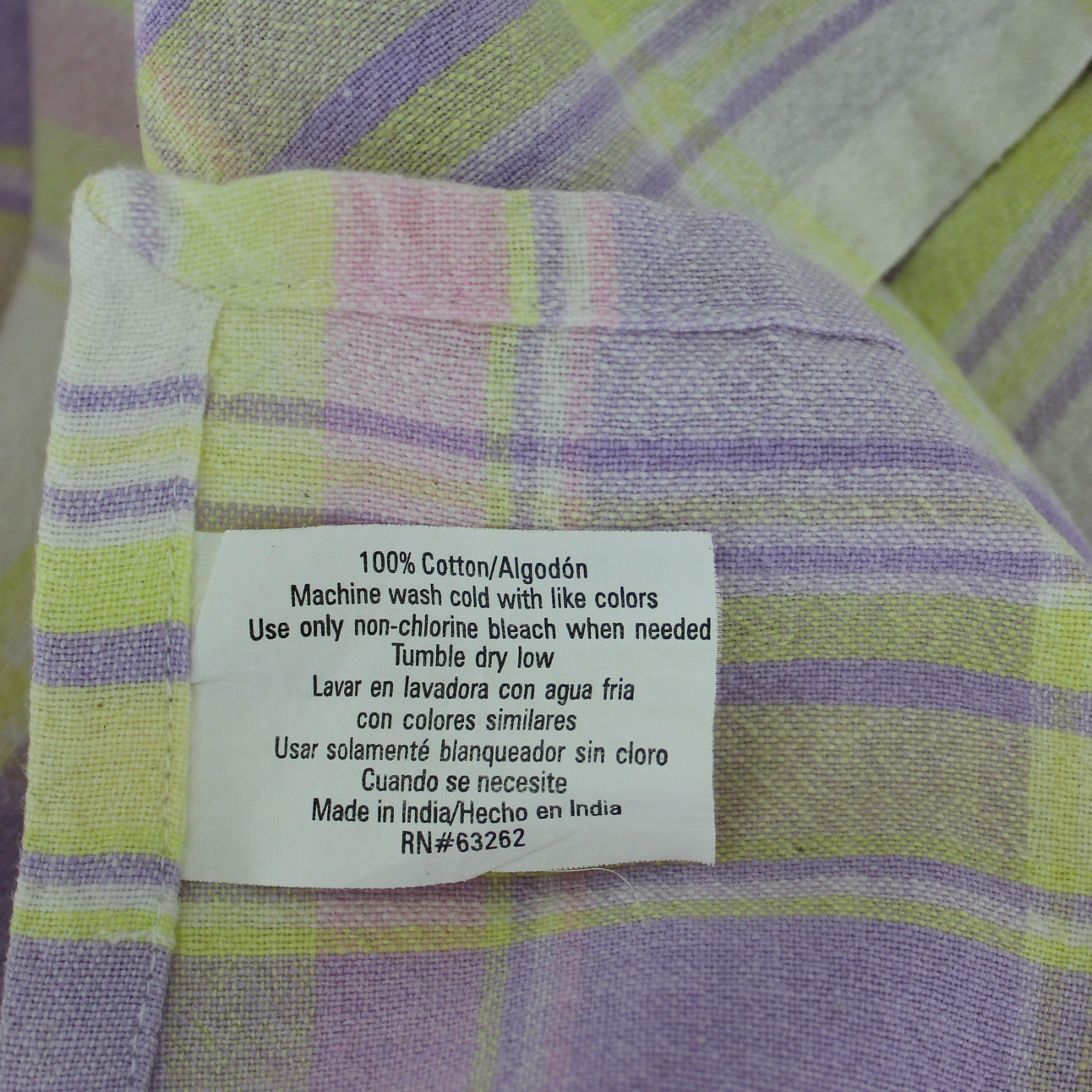 Lavender Yellow Plaid Tablecloth 100% Cotton Made India orig tag intact