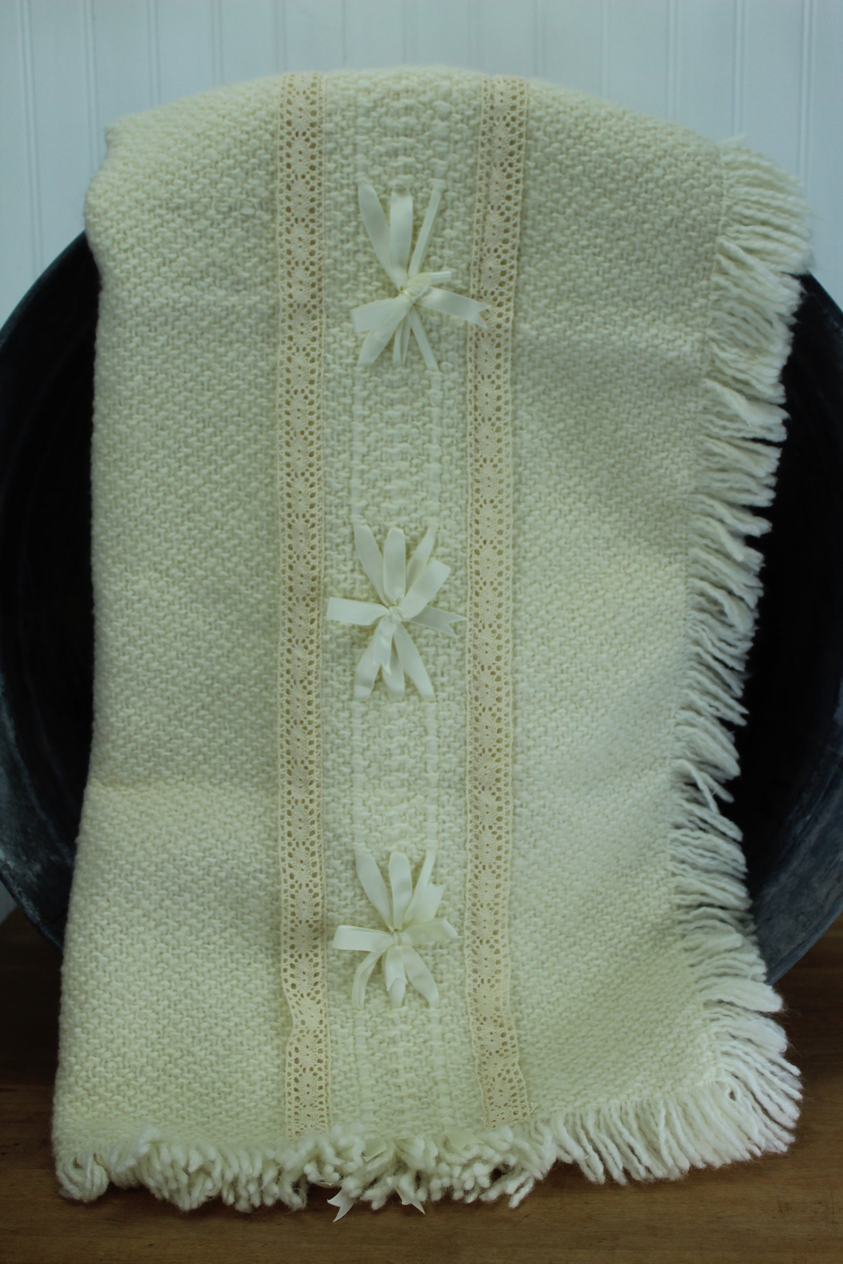 Branigan Weavers Ireland Wool Throw- Shawl Crib Blanket Lace Ribbons stroller blanket