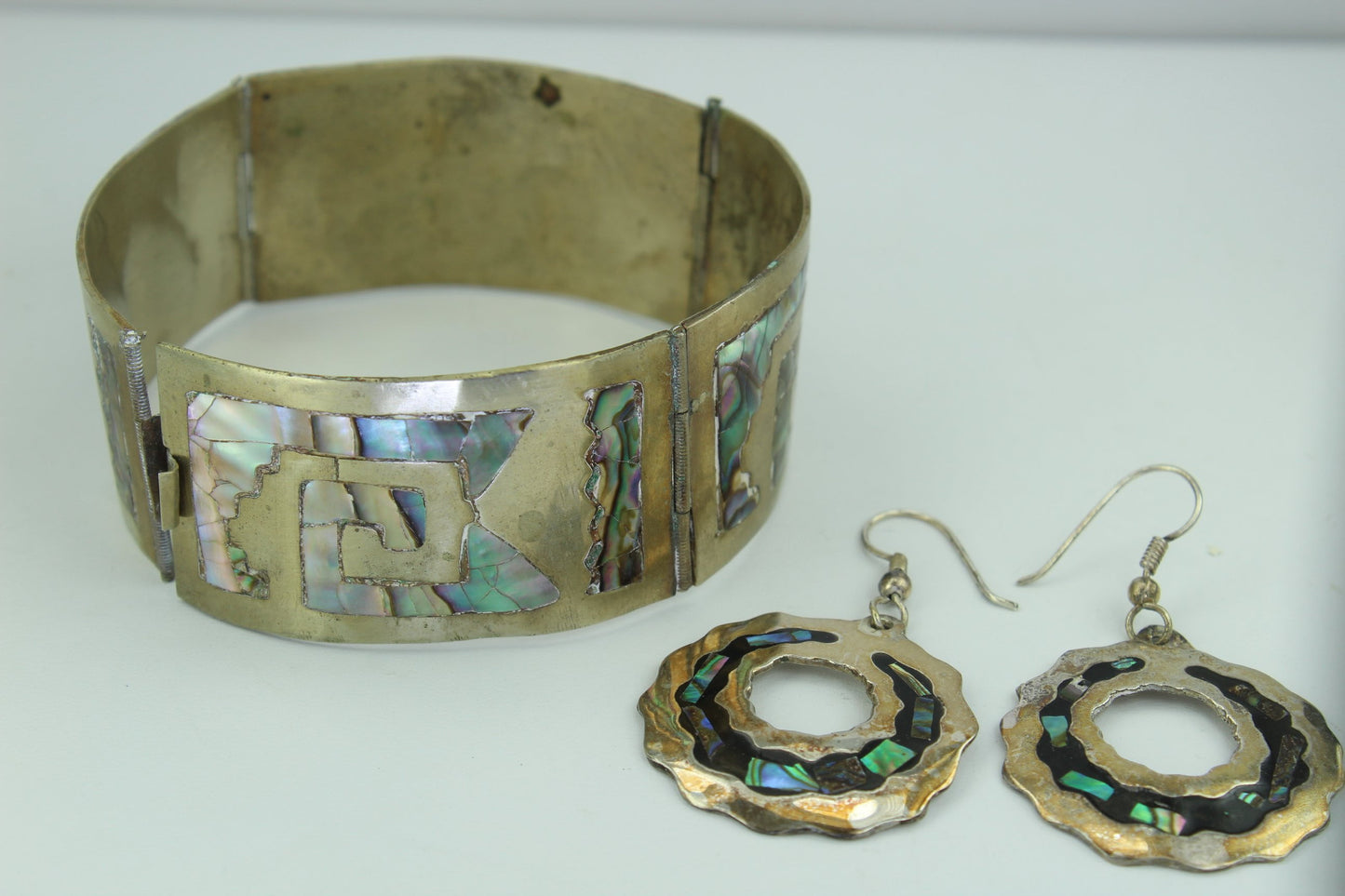 Lot Abalone Alpaca Vintage Link Bracelet Dangle Wire Pierced Earrings collectible