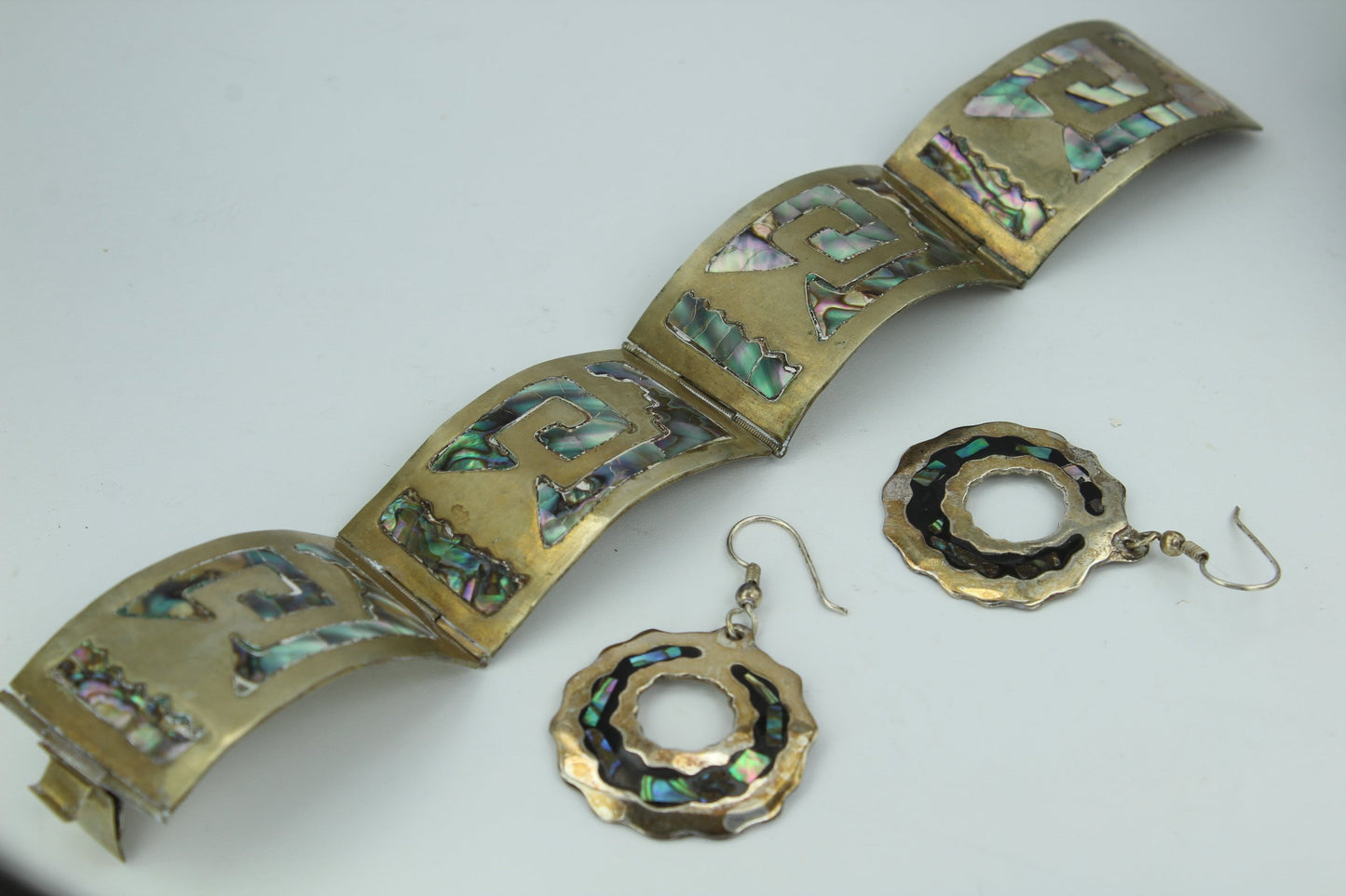 Lot Abalone Alpaca Vintage Link Bracelet Dangle Wire Pierced Earrings nice wearables