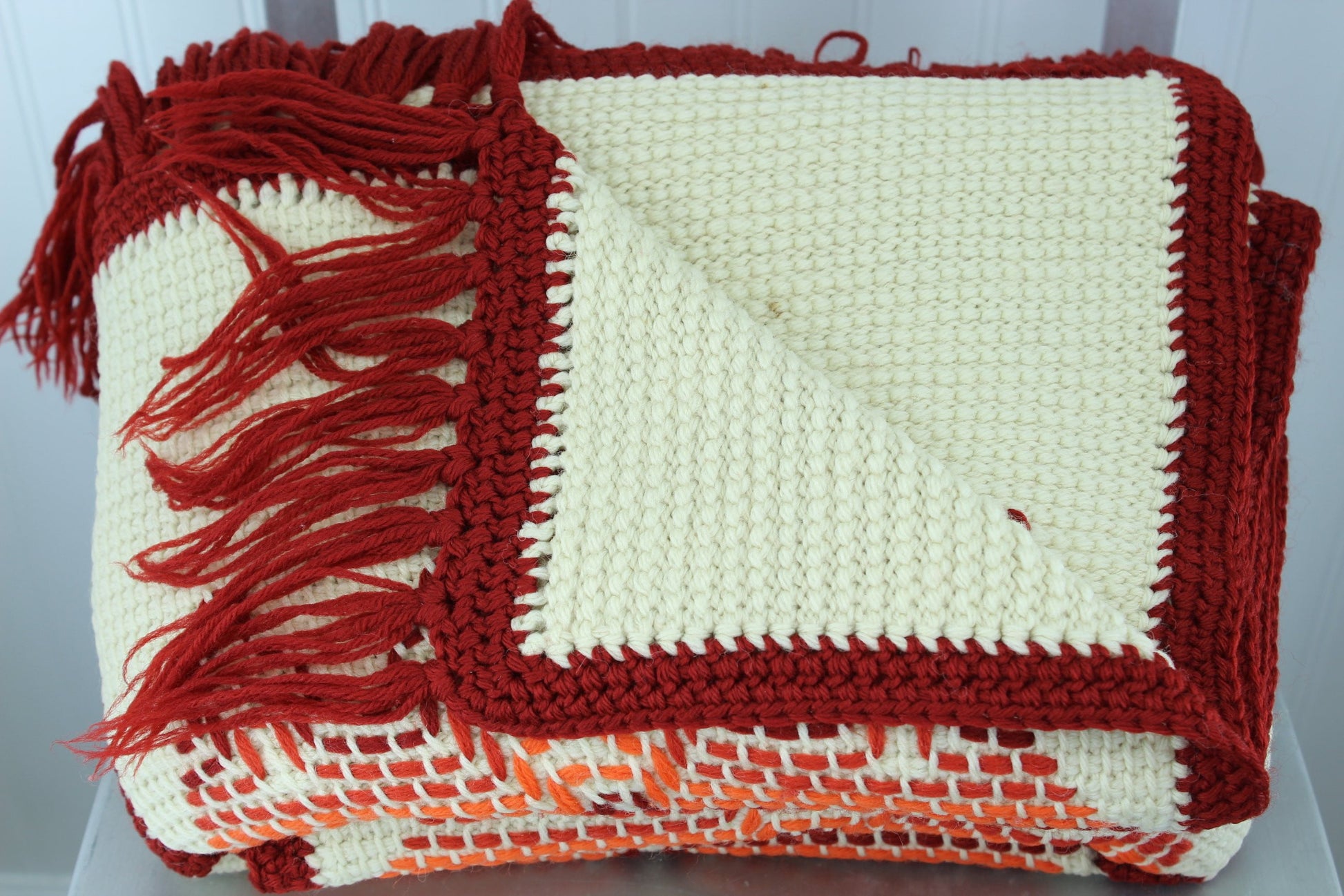 Hand Made Wool Afghan Throw - Cream Rust Orange, Large Knotted Fringe - 40" X 70" - Olde Kitchen & Home