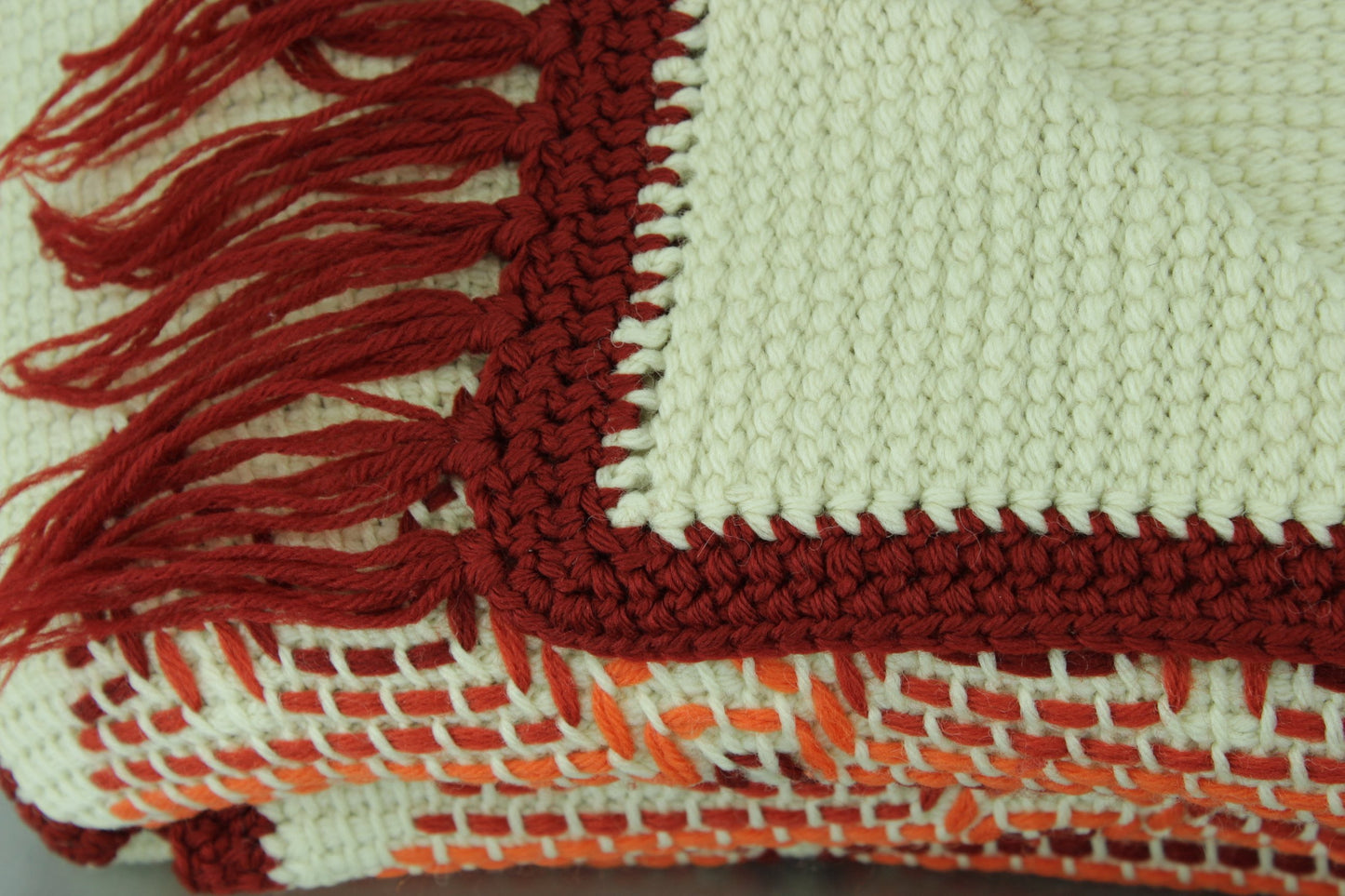 Hand Made Wool Afghan Throw - Cream Rust Orange, Large Knotted Fringe - 40" X 70" - Olde Kitchen & Home