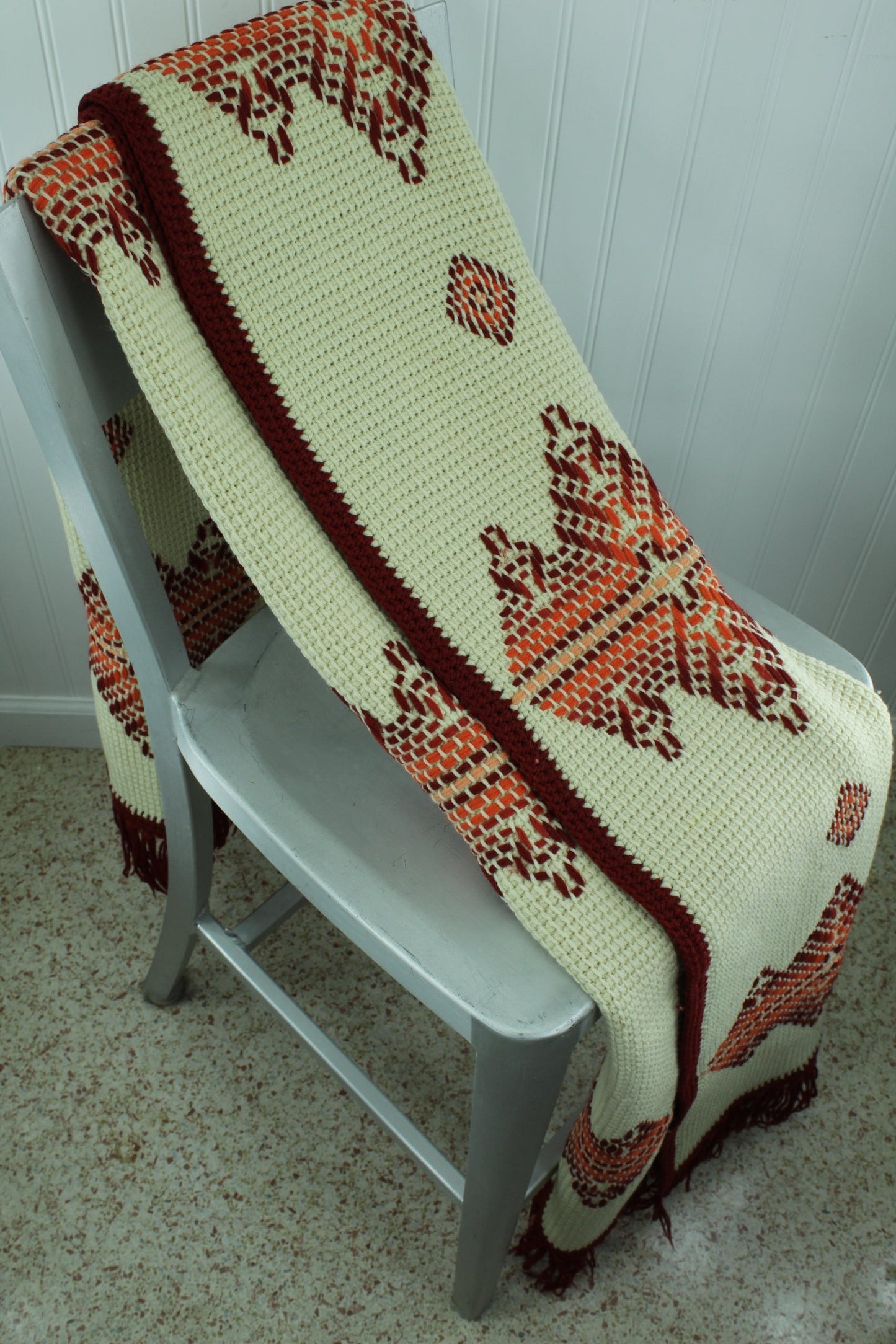 Hand Made Wool Afghan Throw - Cream Rust Orange, Large Knotted Fringe - 40" X 70" - Olde Kitchen & Home