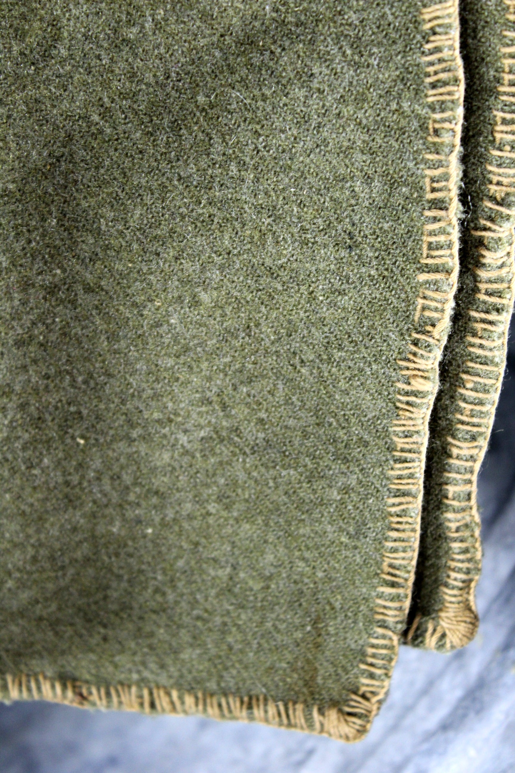 Military Wool Blanket - Estate Note marked WW1 ~ Olive Green - 55" X 74" stitched edges
