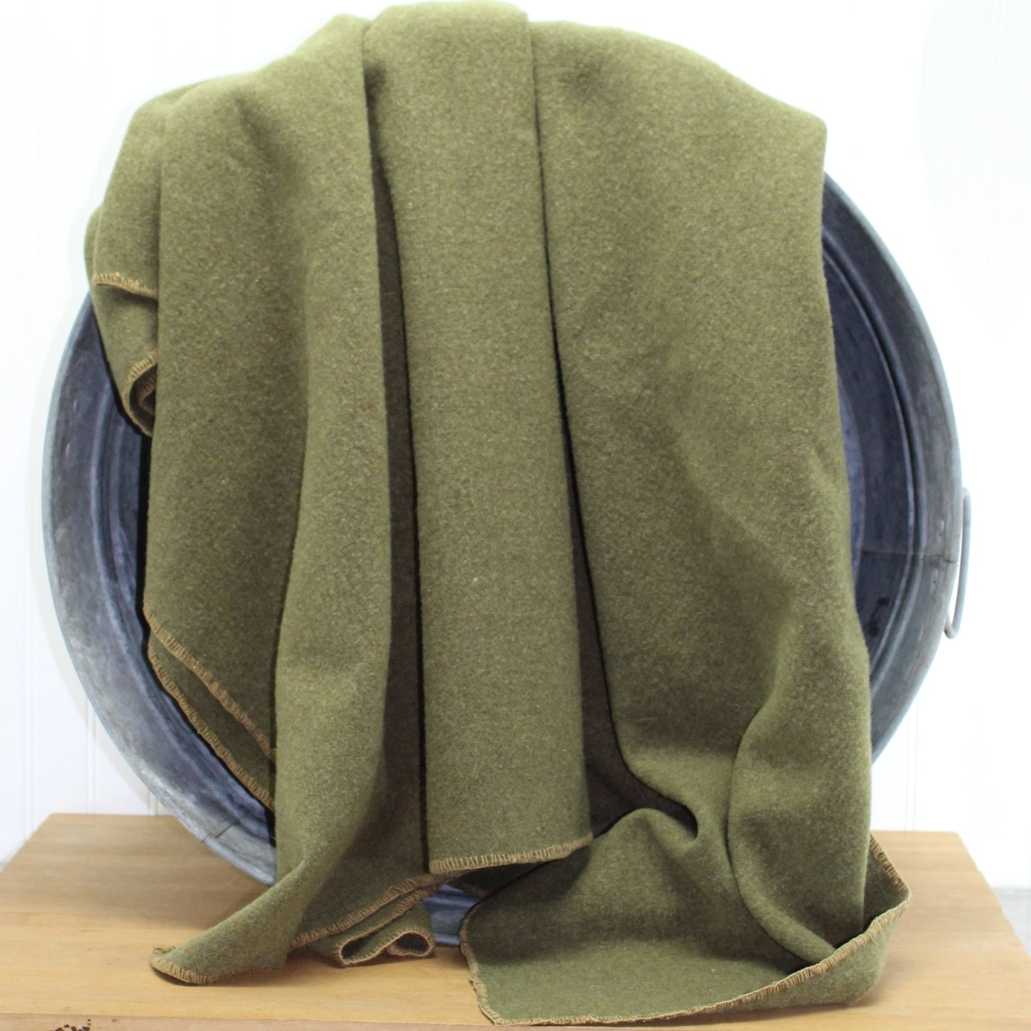 Military Wool Blanket - Estate Note marked WW1 ~ Olive Green - 55" X 74" blanket stitch