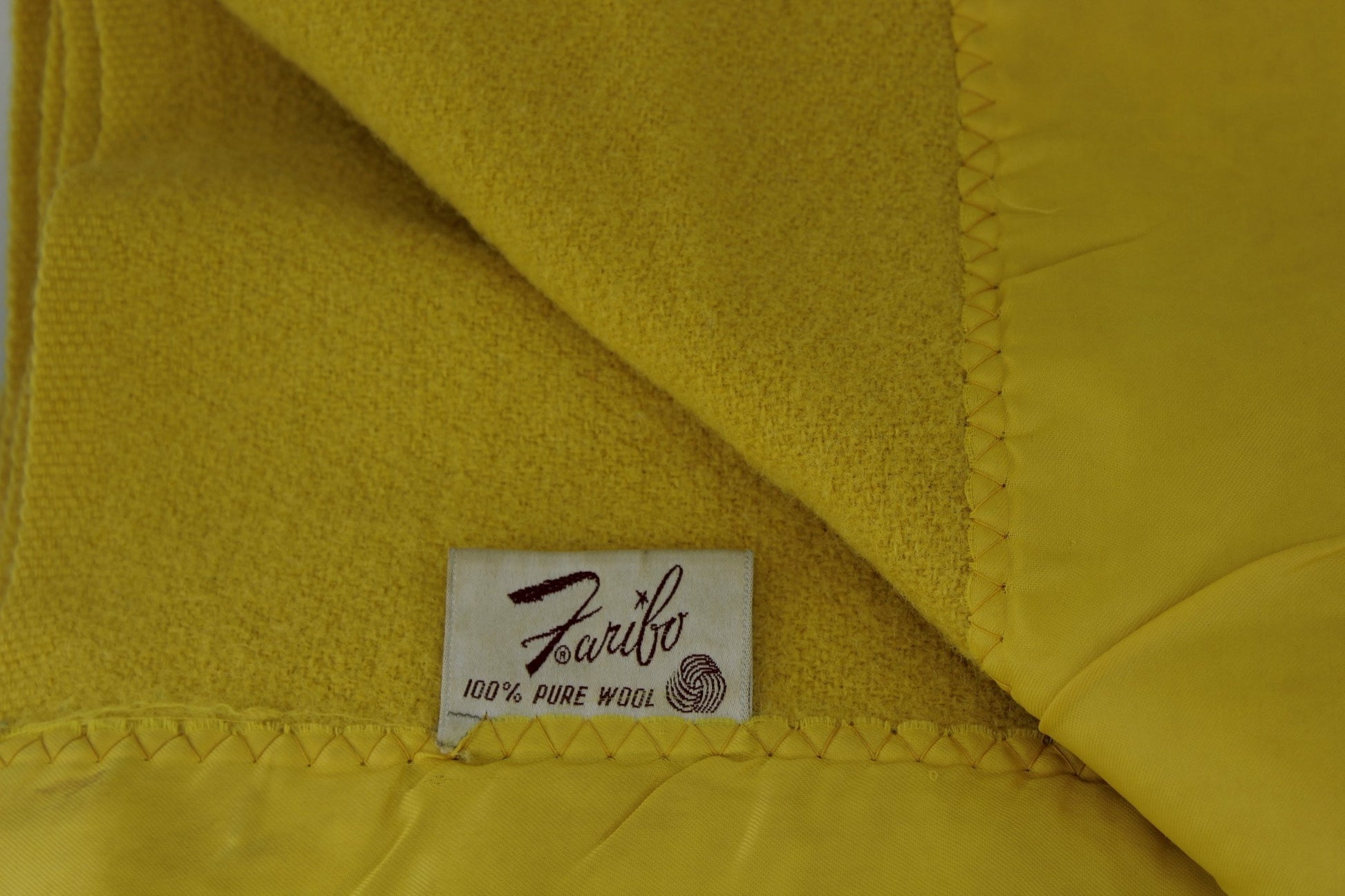 Faribo 100% Wool Blanket Dijon Mustard  Gold Vintage 82" X 84" Wide Satin Binding 3" queen