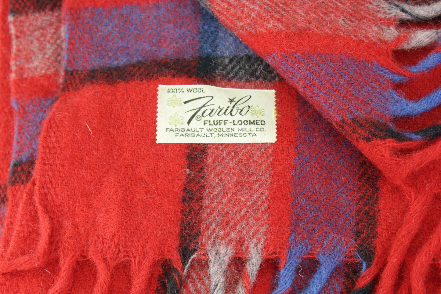 Faribo Wool Vintage Stadium Blanket with Carrier Vintage Red Plaid Fluff Loomed USA