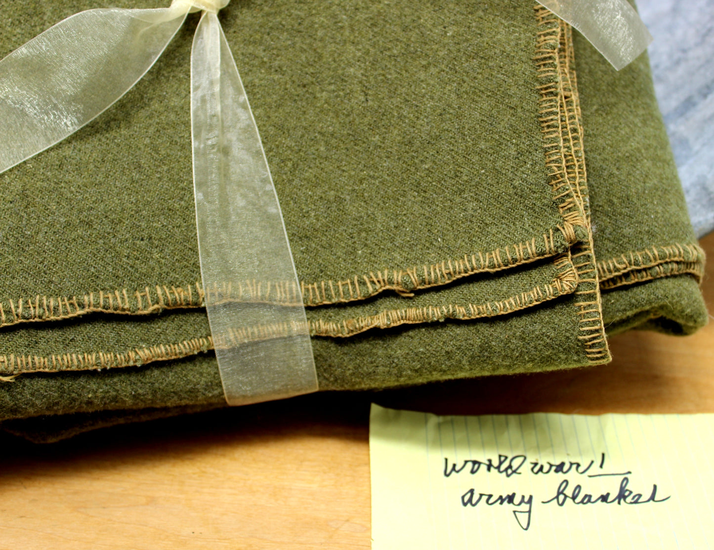 Military Wool Blanket - Estate Note marked WW1 ~ Olive Green - 55" X 74" not scratchy