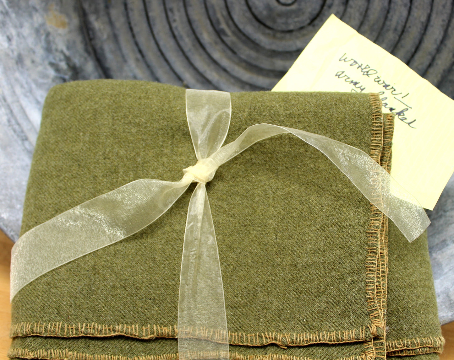 Military Wool Blanket - Estate Note marked WW1 ~ Olive Green - 55" X 74" hand written note