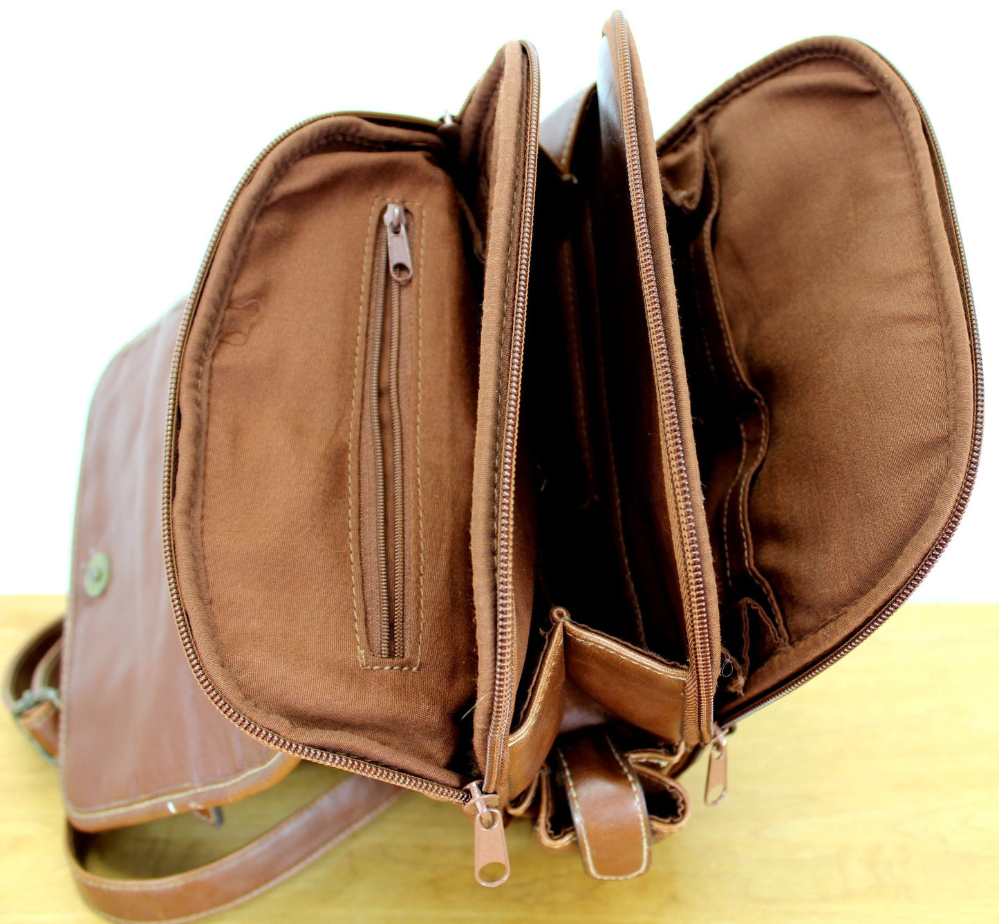 Rosetti Leather Backpack - Brown Double Strap - Compartments Galore clean interior