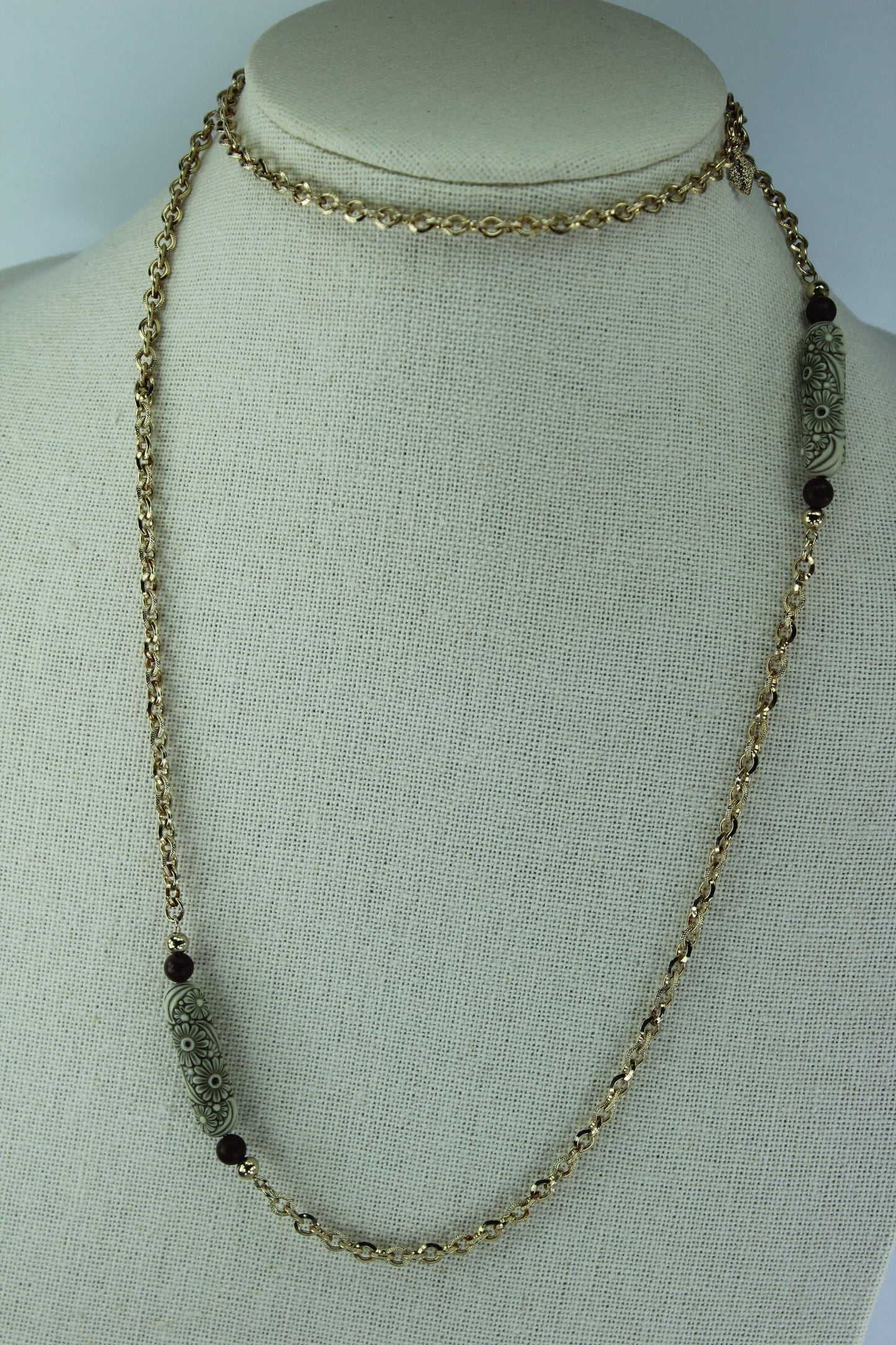 SARAH COV Vintage Necklace Gold Tone Chain Etched Beads wrap