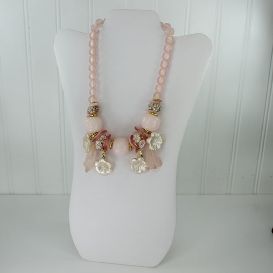 Stunning Necklace Pink Ivory Rose Multi Shape Beads Flowers Round Discs Unusual