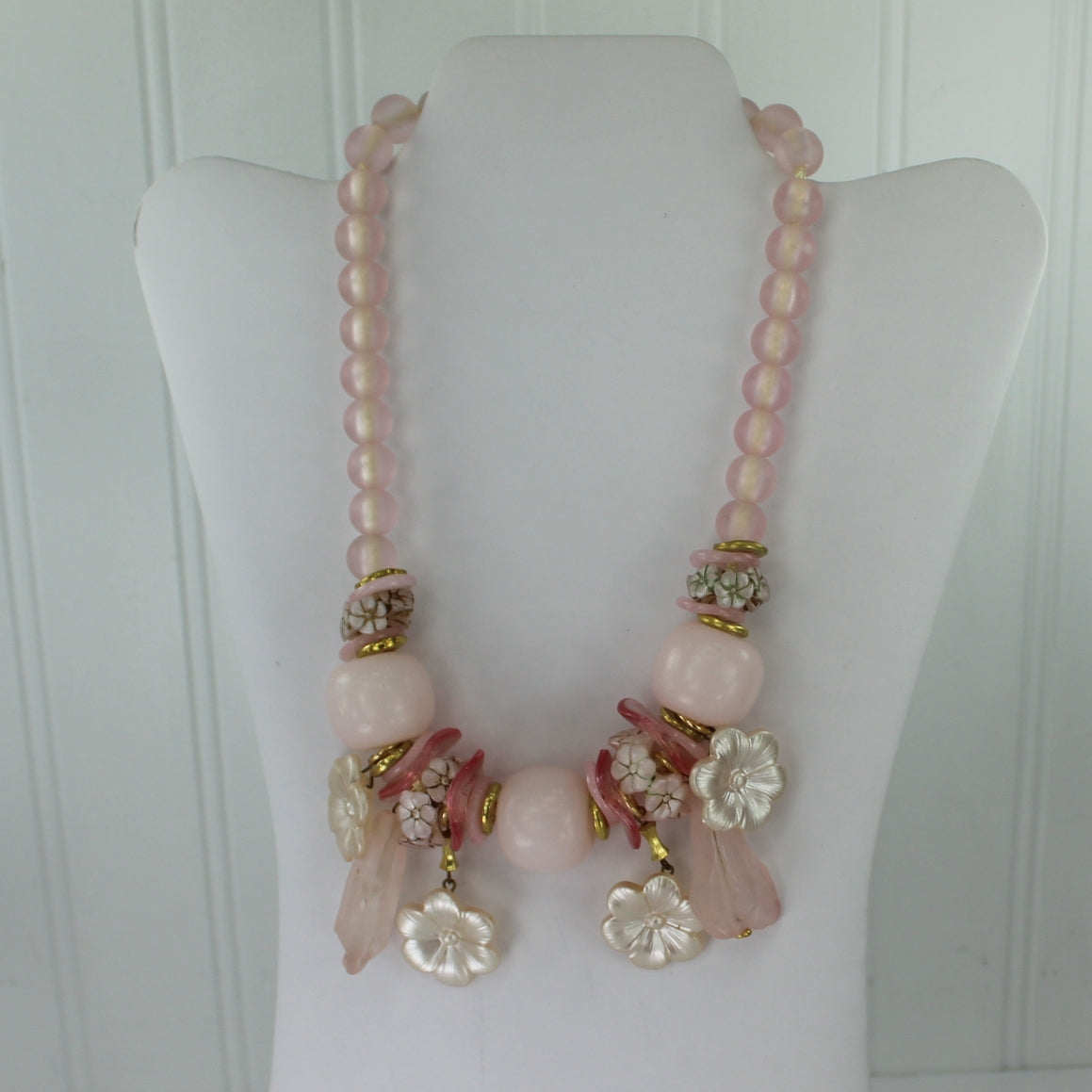 Stunning Necklace Pink Ivory Rose Multi Shape Beads Flowers Round Discs Unusual rare design