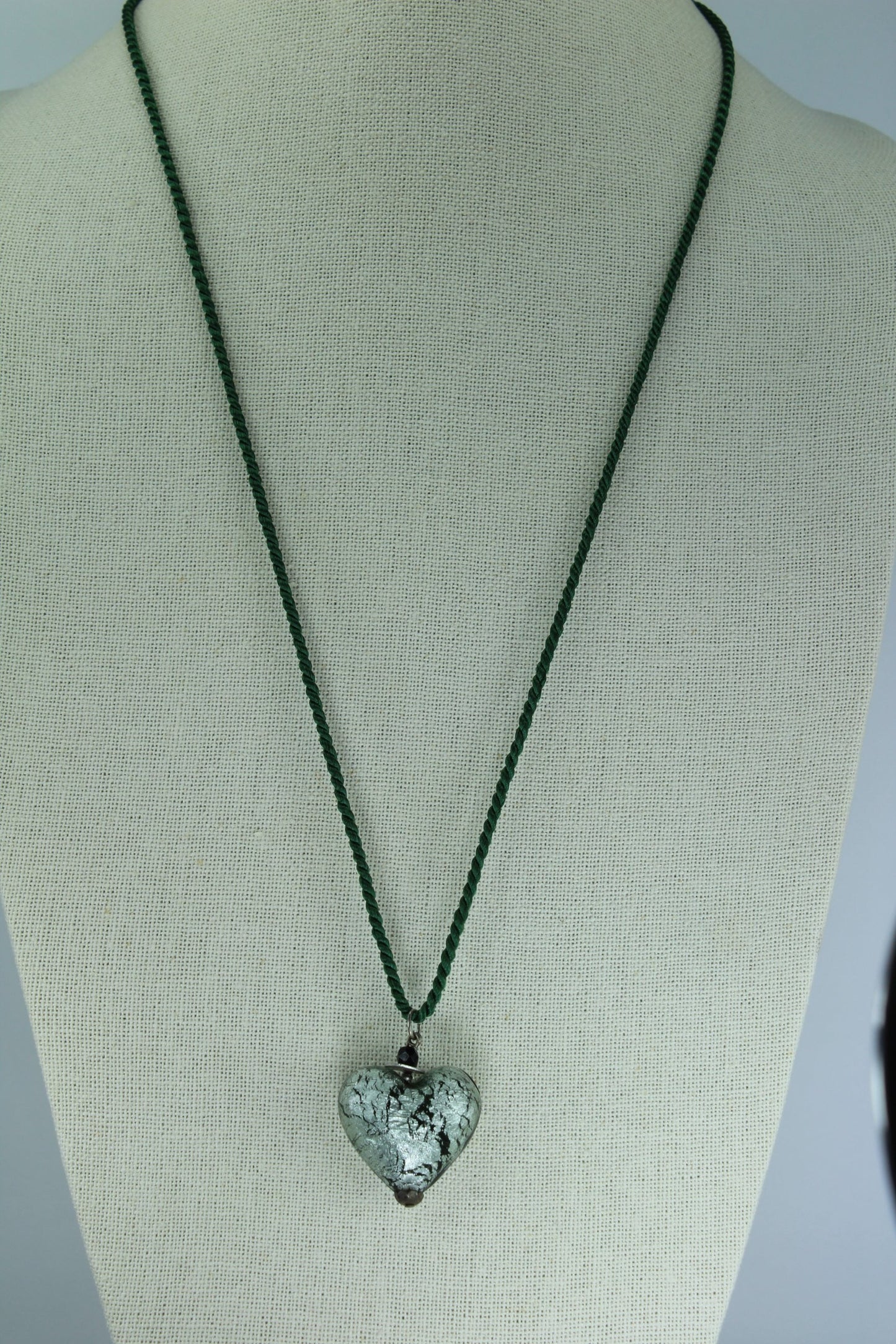 Artisan Necklace Silver Black Glass Heart Pendant Green Satin Cord stunning