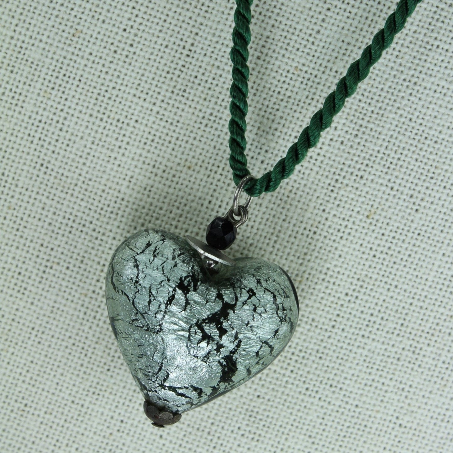 Artisan Necklace Silver Black Glass Heart Pendant Green Satin Cord