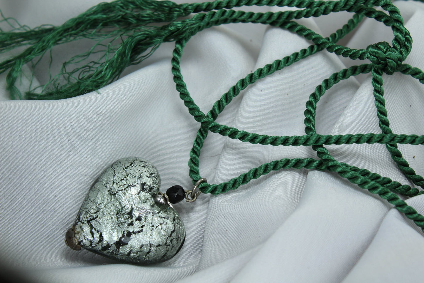 Artisan Necklace Silver Black Glass Heart Pendant Green Satin Cord holiday