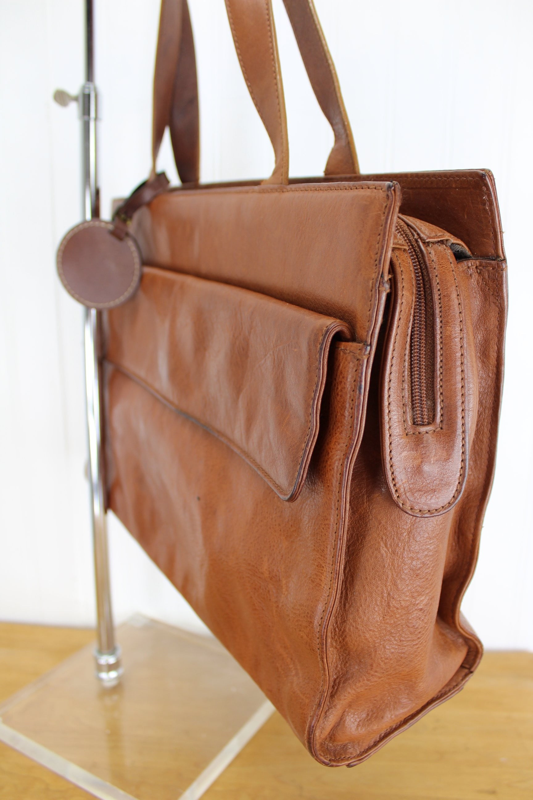 Talbot Leather Shoulder Bag - Envelope Career Briefcase Style - Supple Brown talbot metal tag