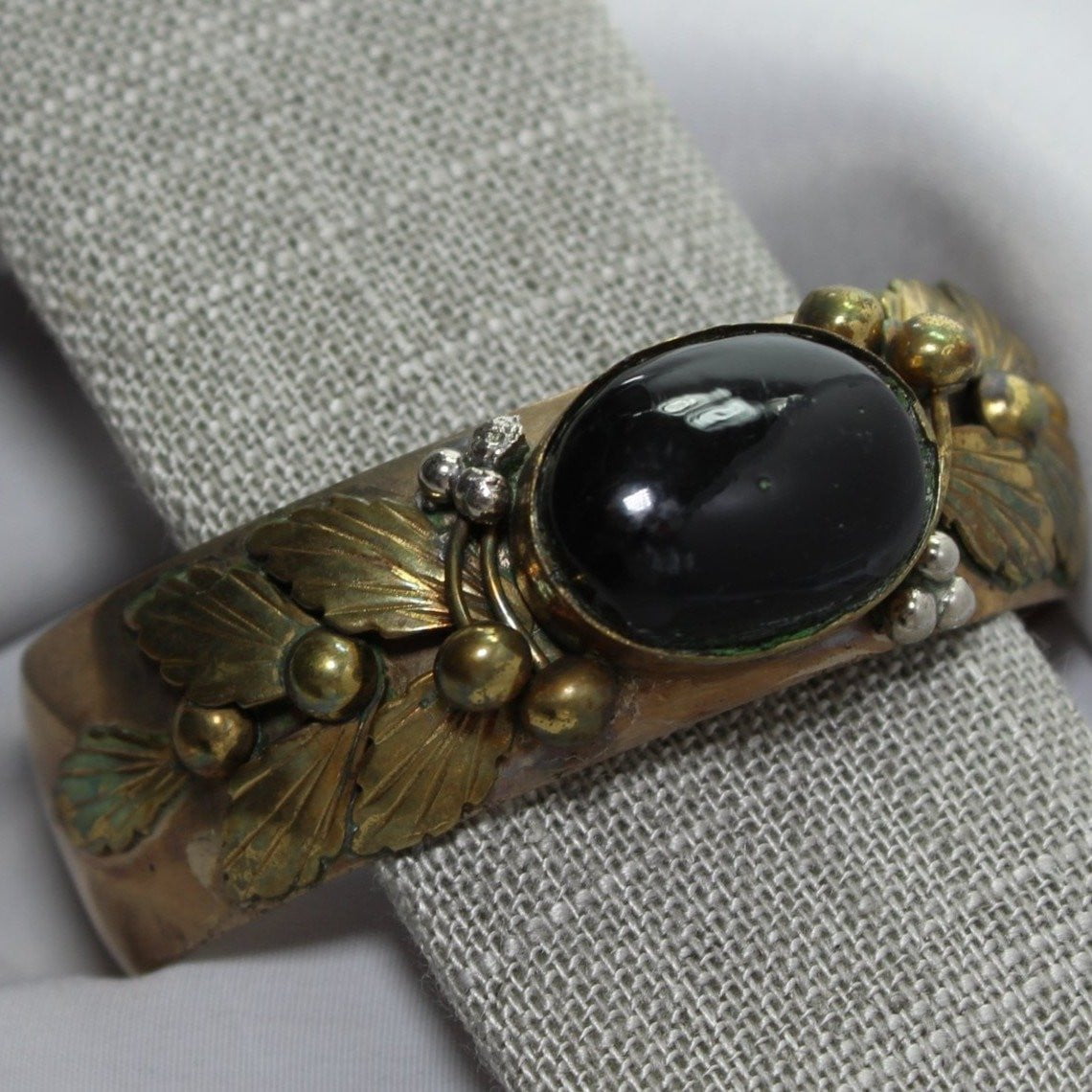 Ethnic Bracelet Multi Metal Large Black Stone Applied Leaves Berries unusual