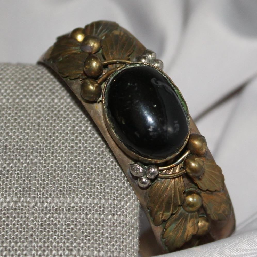 Ethnic Bracelet Multi Metal Large Black Stone Applied Leaves Berries