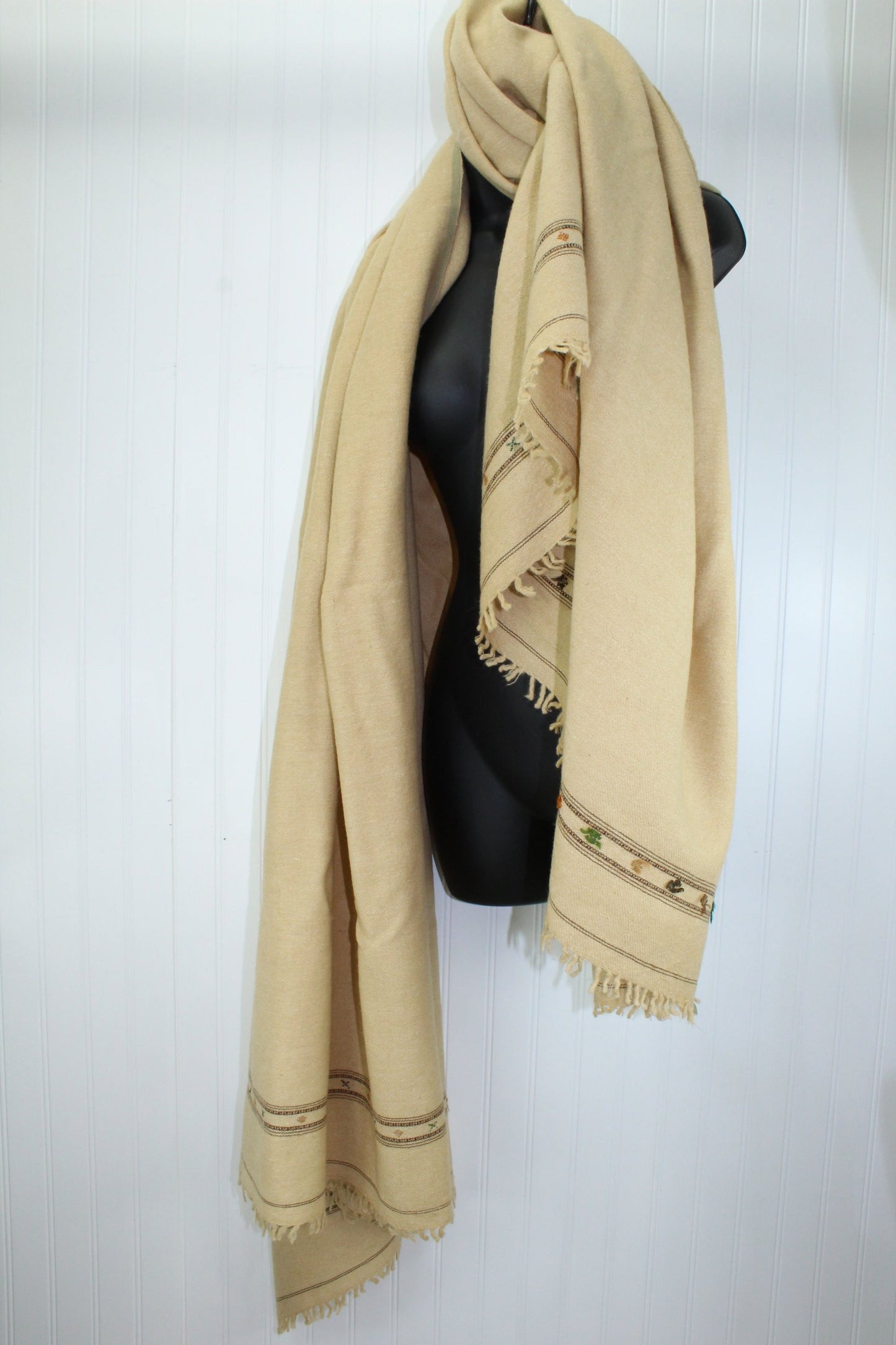 Wool Lightweight Flannel Blanket - Hand Embroidered Decor or Wearable Wrap beige green brown
