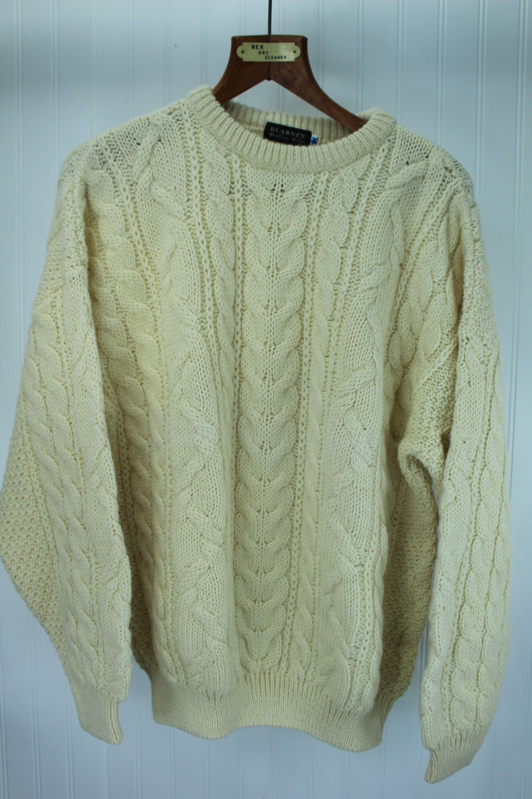Blarney Mens Wool Pullover Sweater - Ivory Aran Style - XLarge - Ireland