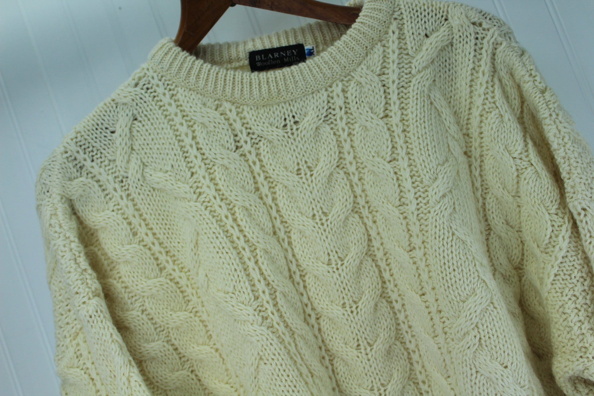 Blarney Mens Wool Pullover Sweater - Ivory Aran Style - XLarge - Ireland warm