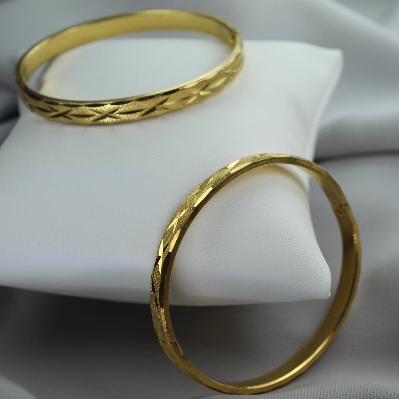 Pair Etched Bracelets Vintage Brushed Gold Tone Stackable 1960s