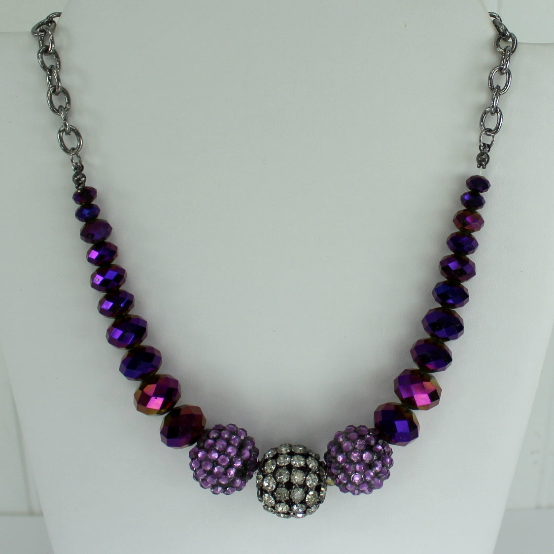 Designed signed Necklace Amethyst Crystal & Iridescent Cut Beads Alive with Sparkle clear RS prong set