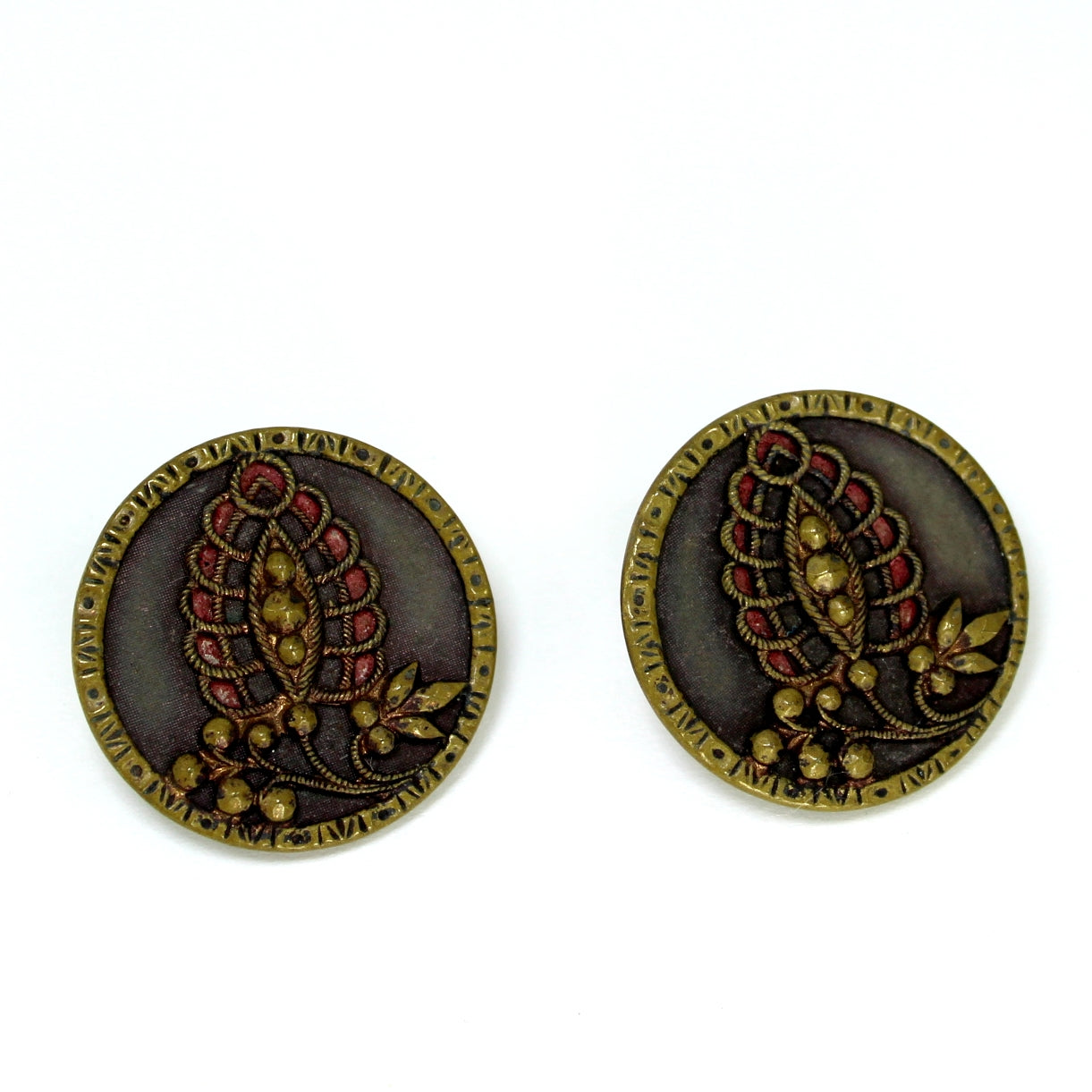 Antique Victorian Metal Buttons Earrings Post Stud Mixed Dimensional Metal brass copper leaves flowers