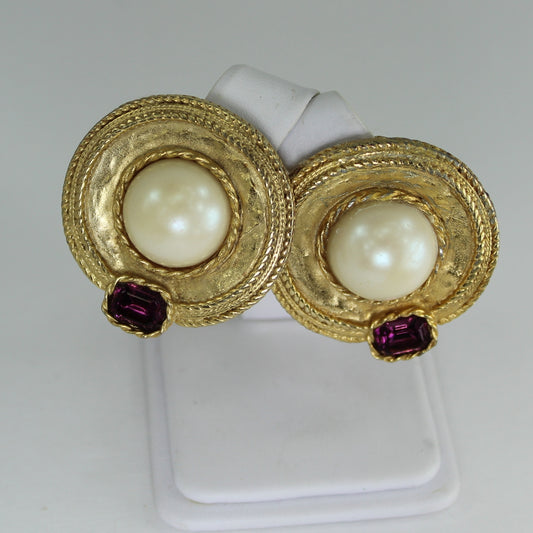 Large Round Earrings Pearl Amethyst Gold Frame Clip Style