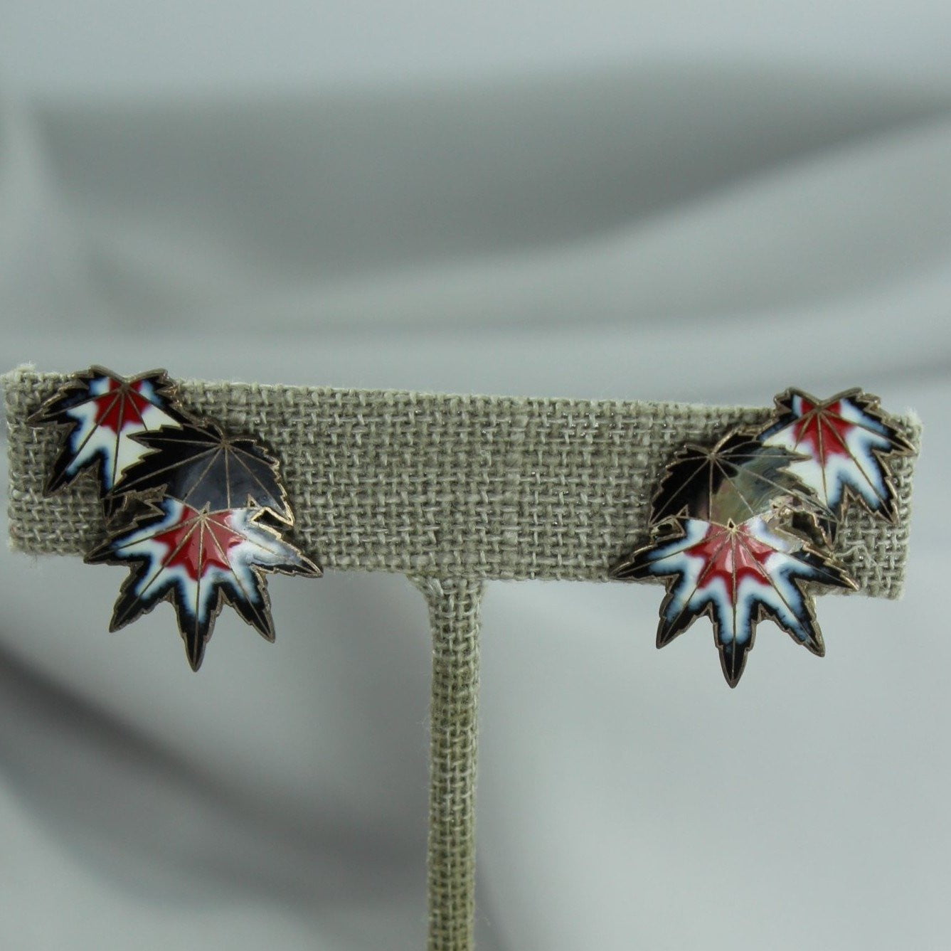Vintage Enamel Earrings Silver Modernist Leaves Black Red Denmark Style