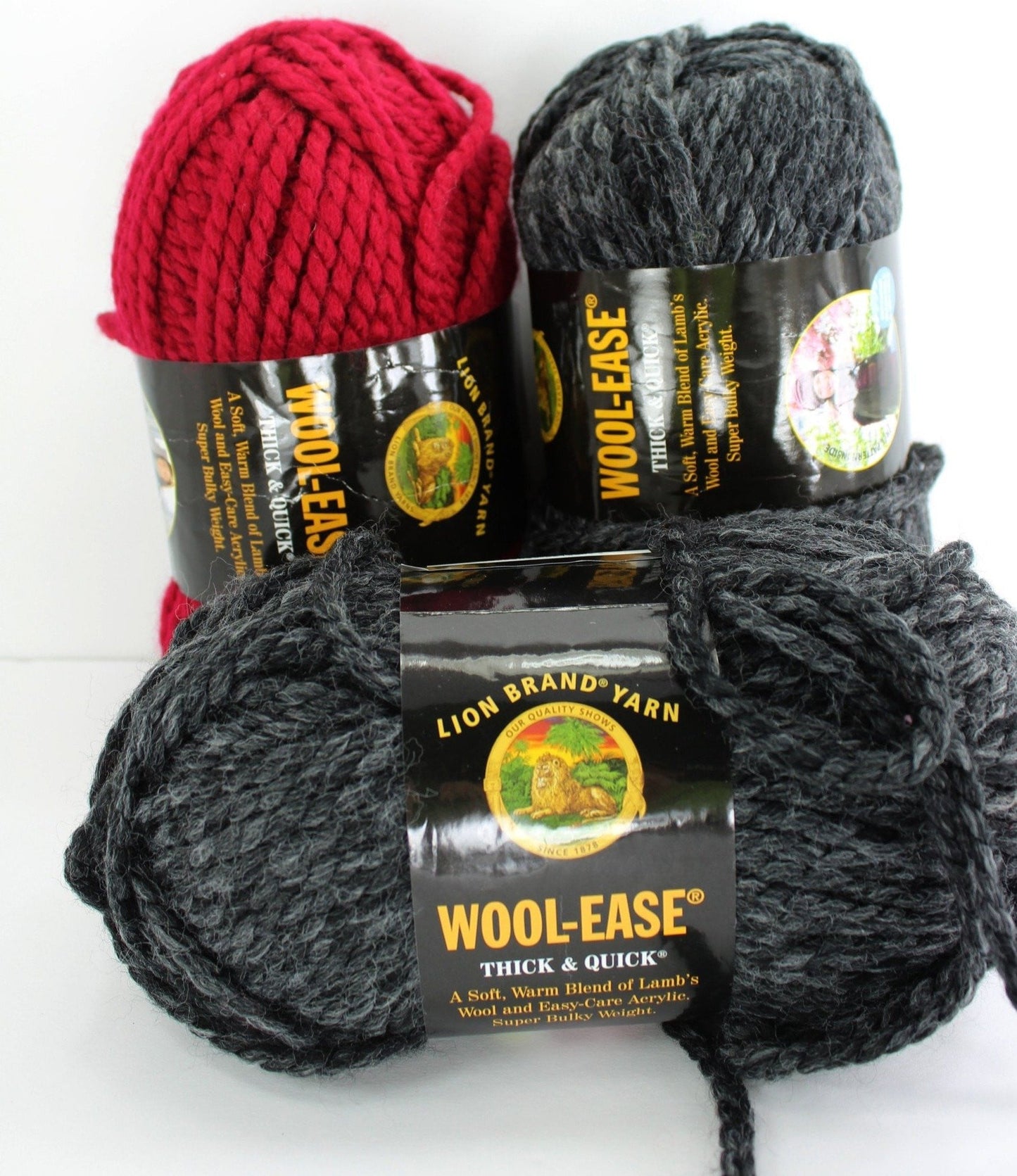 Wool Ease Yarn Thick Quiclk 80/20 Lion Charcoal Cranberry 6 ozs X 3  NWT