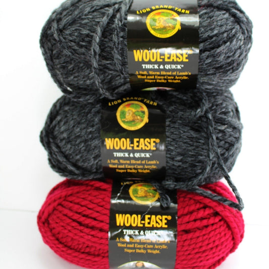 Wool Ease Yarn Thick Quiclk 80/20 Lion Charcoal Cranberry 6 ozs X 3